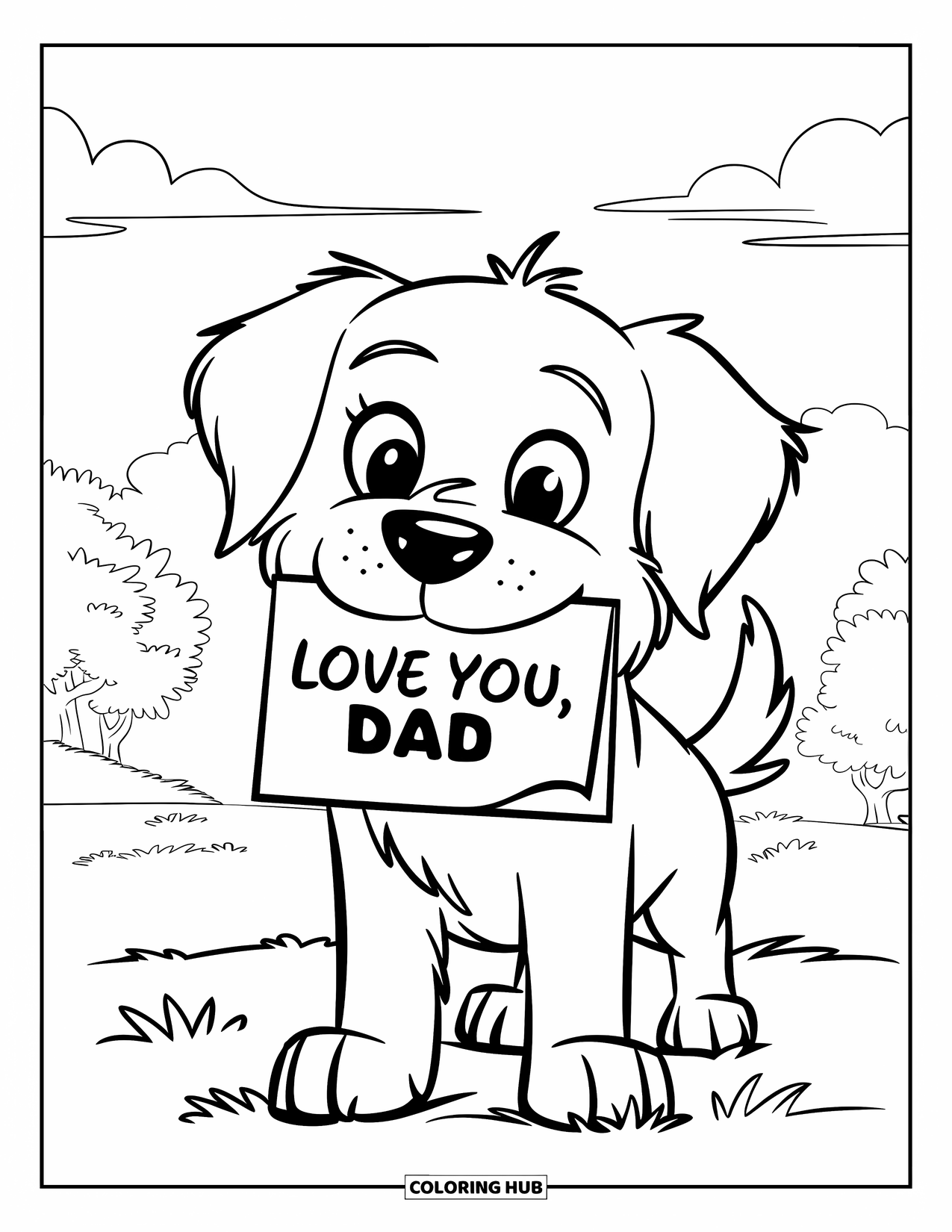 Happy Fathers Day Coloring Page for Kids: A golden retriever brings Dad a sweet card on a sunny field
