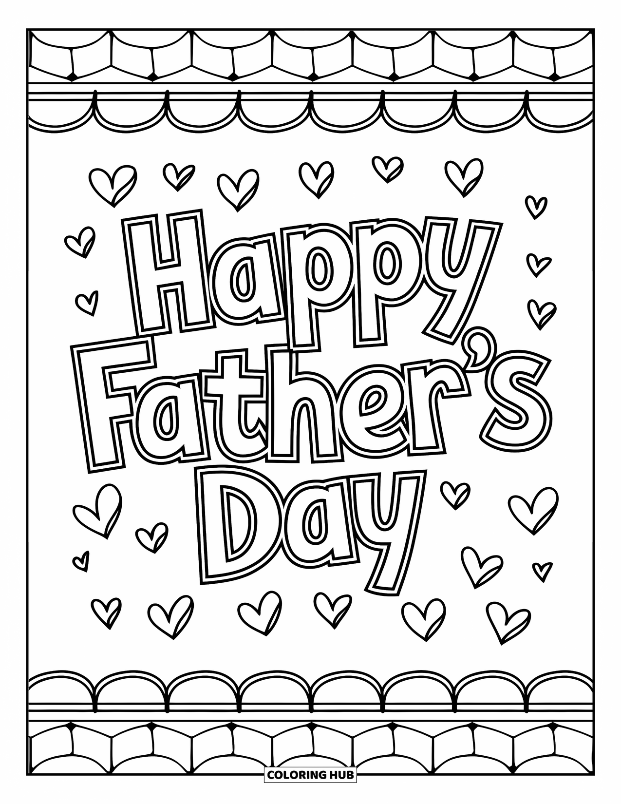 Happy Fathers Day Coloring Page for Kids: A hand-drawn card displays "Happy Father's Day" with hearts