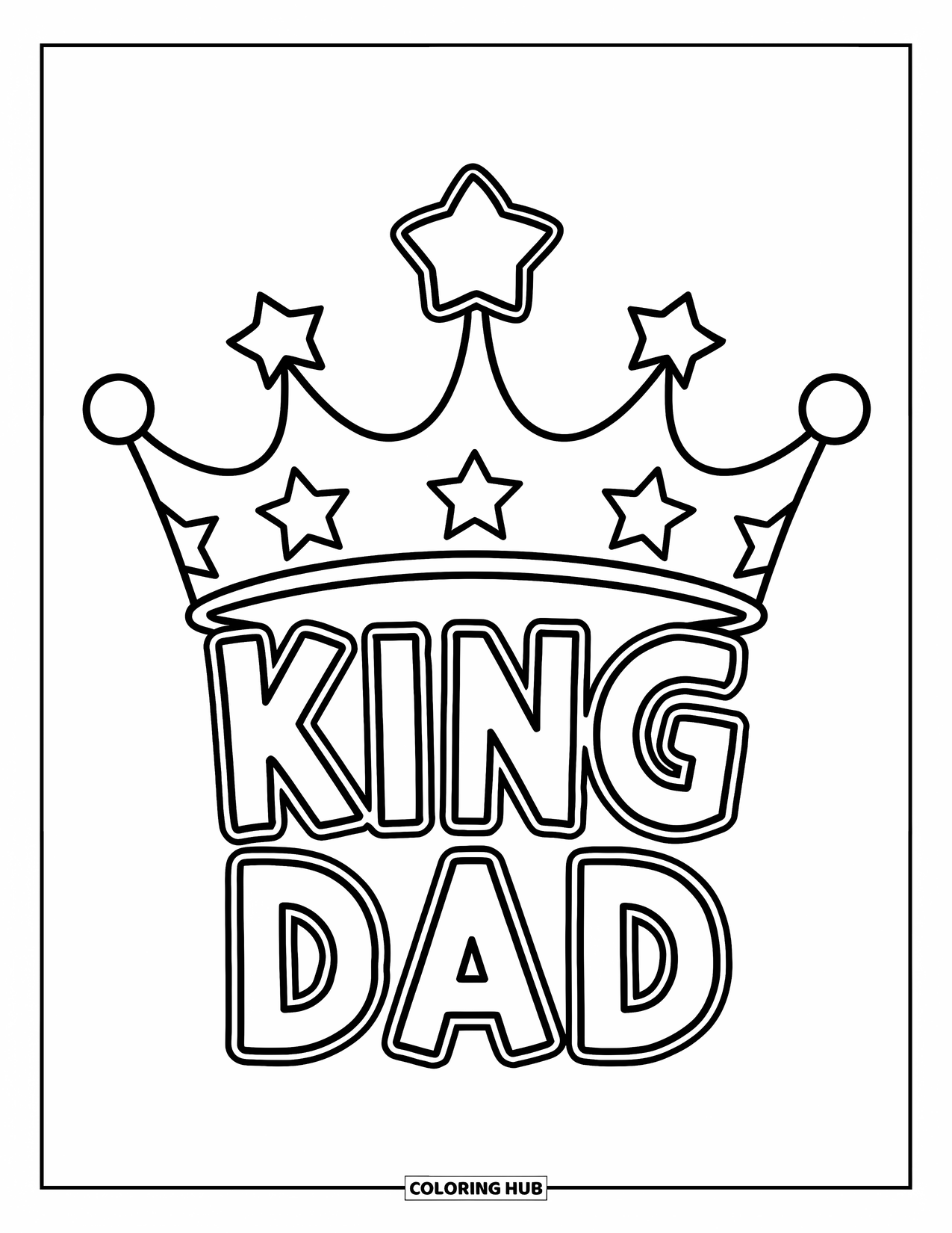 Happy Fathers Day Coloring Page for Kids: A shiny crown for "King Dad" sits proudly on a clean page