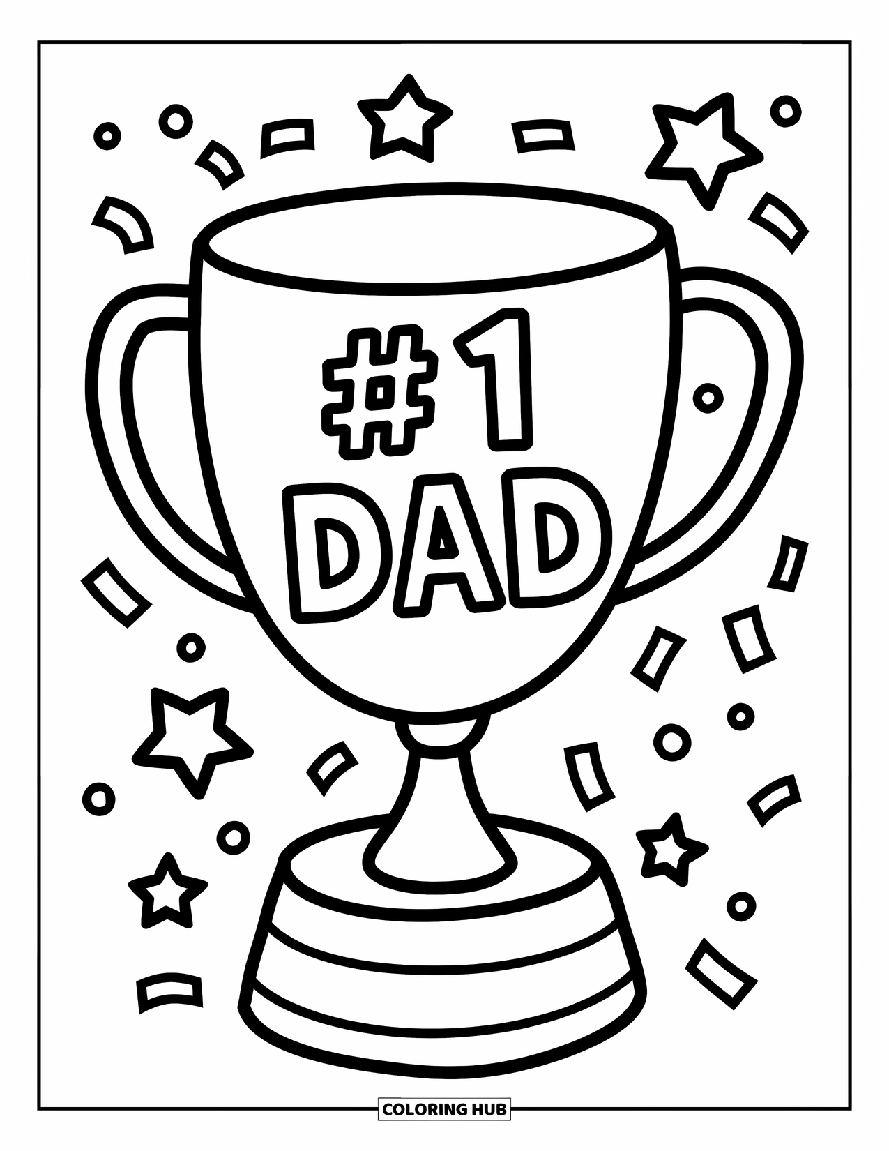 Happy Fathers Day Coloring Page for Kids: A shiny trophy says "#1 Dad" with stars and confetti all around