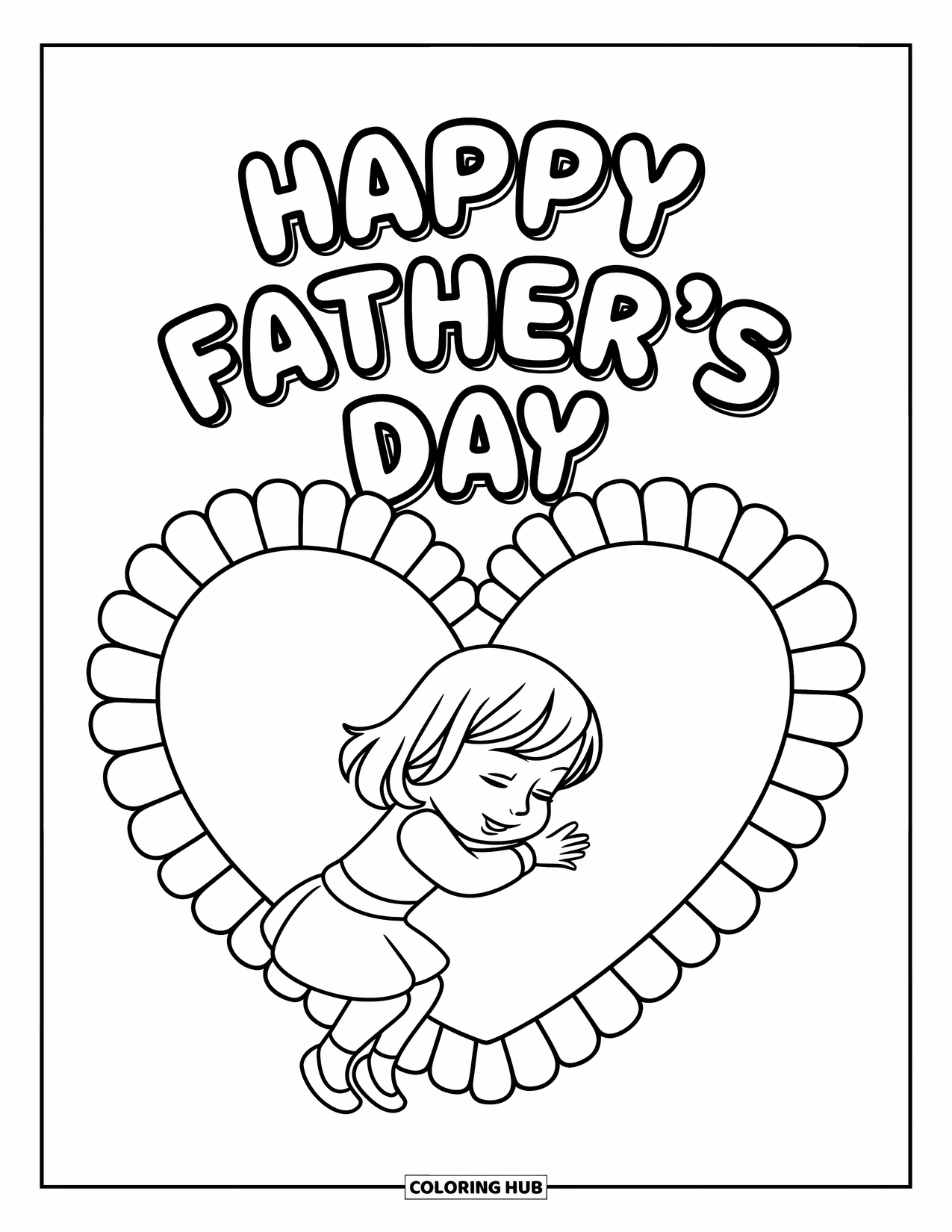 Happy Fathers Day Coloring Page for Kids: A smiling girl cuddles a big heart that says "Happy Father's Day"