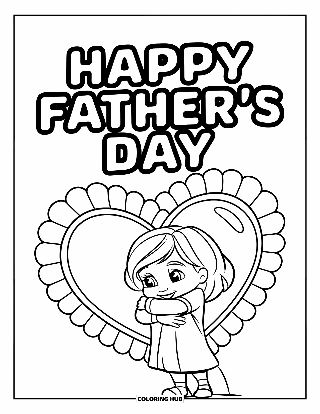 Happy Fathers Day Coloring Page for Kids: A sweet girl hugs a frilly heart under the words "Happy Father's Day"
