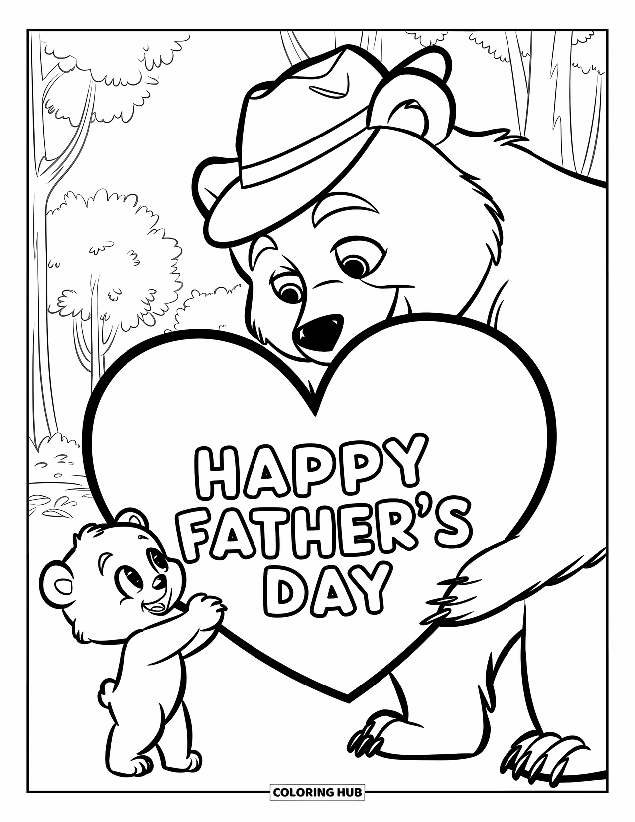 Happy Fathers Day Coloring Page for Kids: A tiny bear gives a heart to his dad wearing a fun hat in the woods