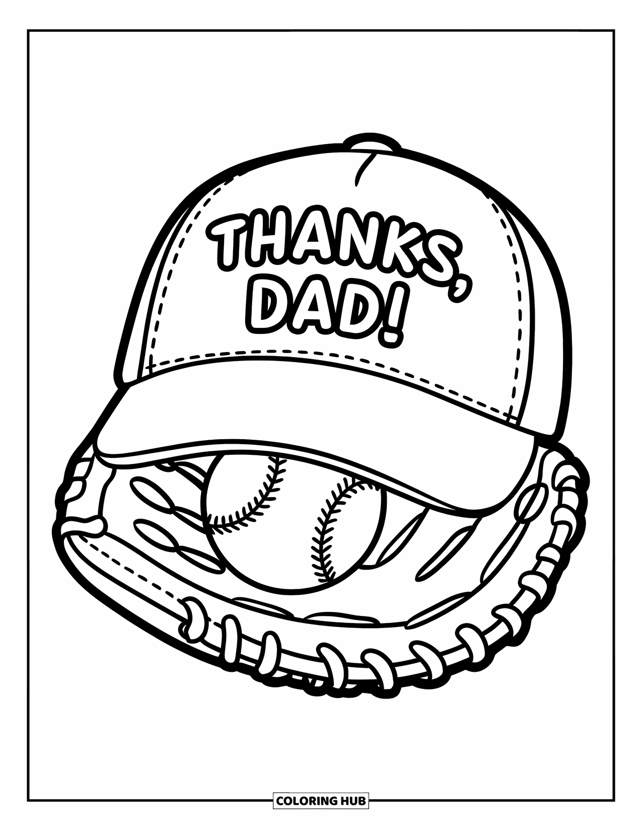 Happy Fathers Day Coloring Page for Kids: Classic glove and cap frame a sweet "Thanks, Dad!" message