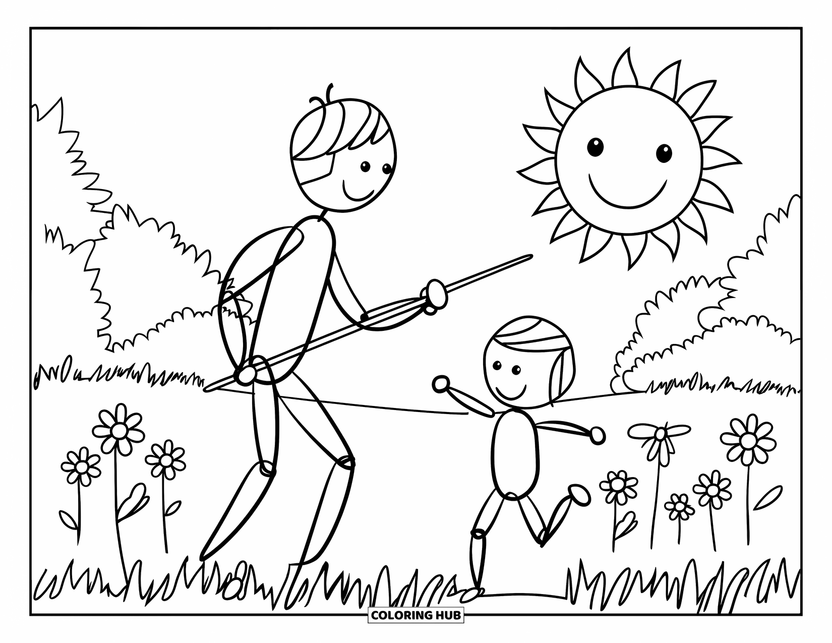 Happy Fathers Day Coloring Page for Kids: Dad and child play near smiling sun and happy flowers in the park
