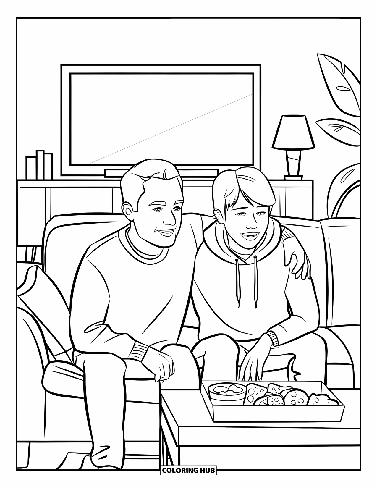 Happy Fathers Day Coloring Page for Kids: Dad and teen enjoy game night on the couch with snacks