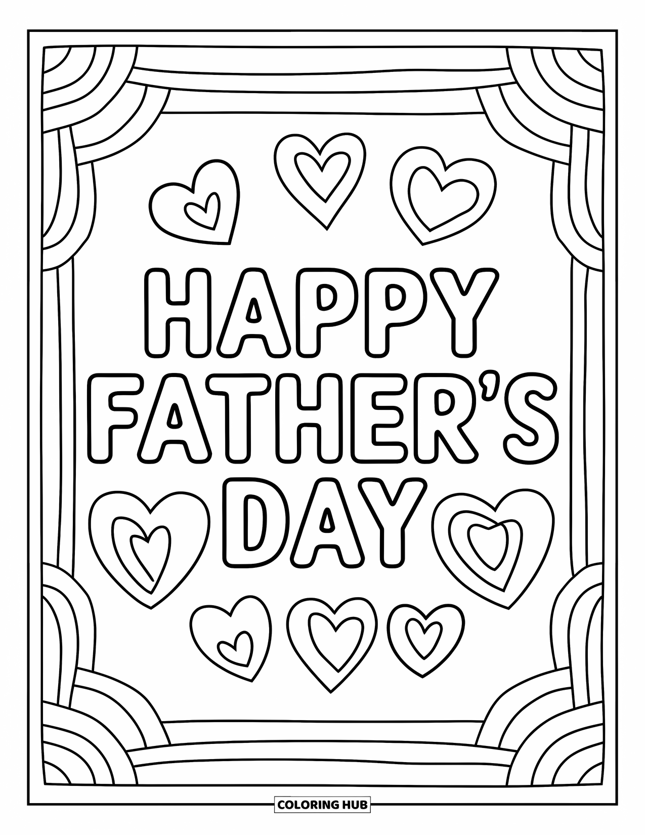 Happy Fathers Day Coloring Page for Kids: Layered borders and hearts frame "Happy Father's Day"