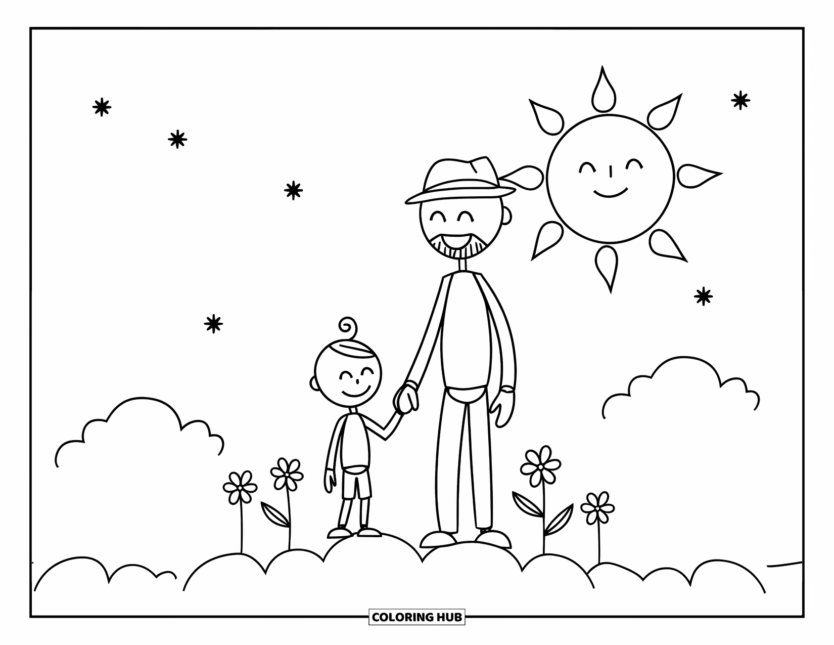 Happy Fathers Day Coloring Page for Kids: Stick-figure dad and child stand on a cloud with flowers and stars