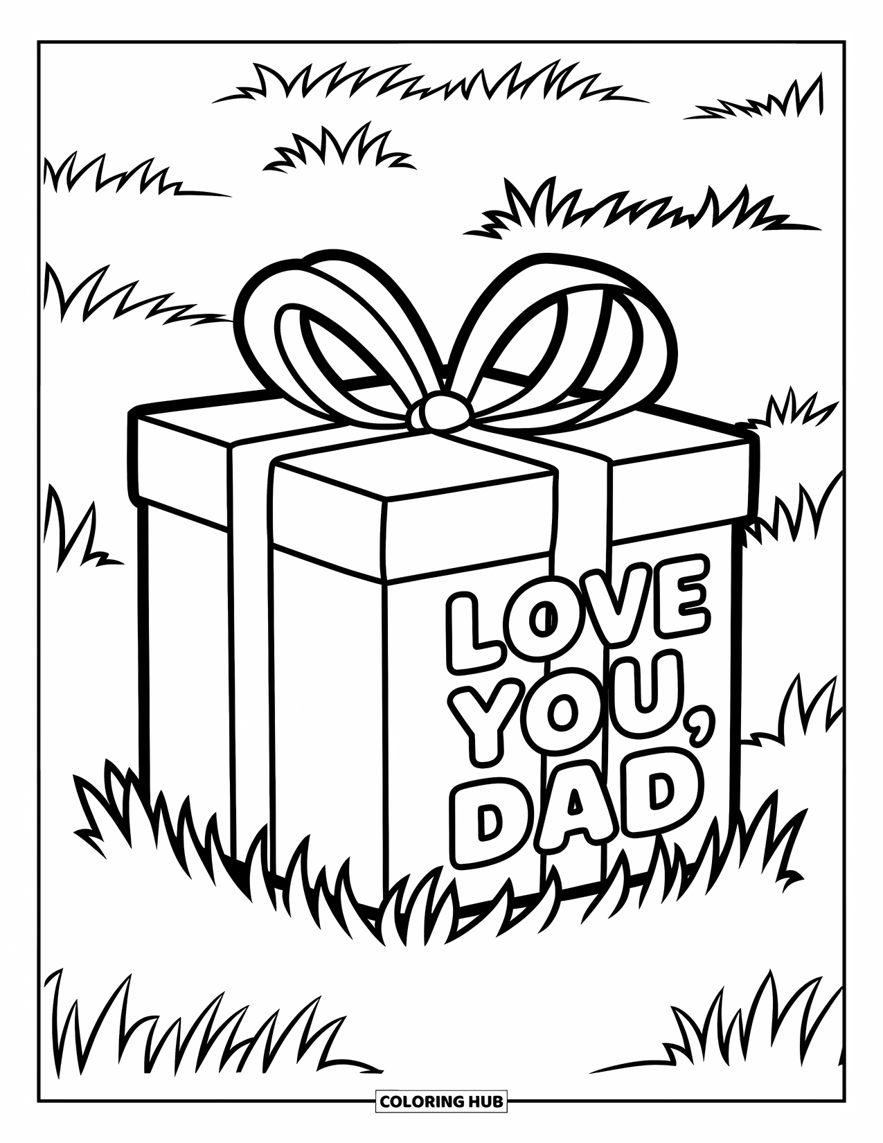 Happy Fathers Day Coloring Page for Kids: Wrapped with love, a gift box says "Love You, Dad" on a grassy field