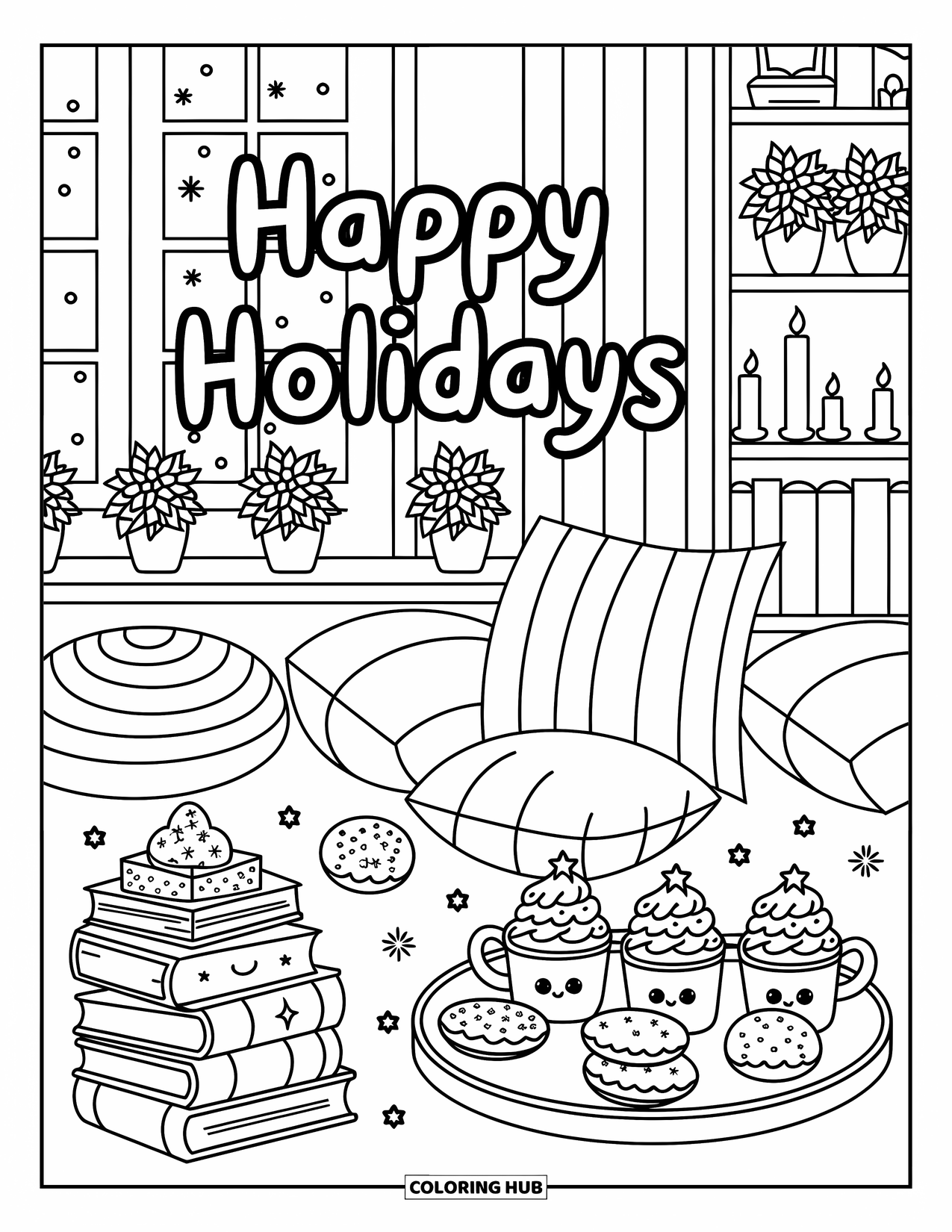 Happy Holidays Coloring Page for Adults: A cozy room with pillows, hot drinks, books, and falling snow