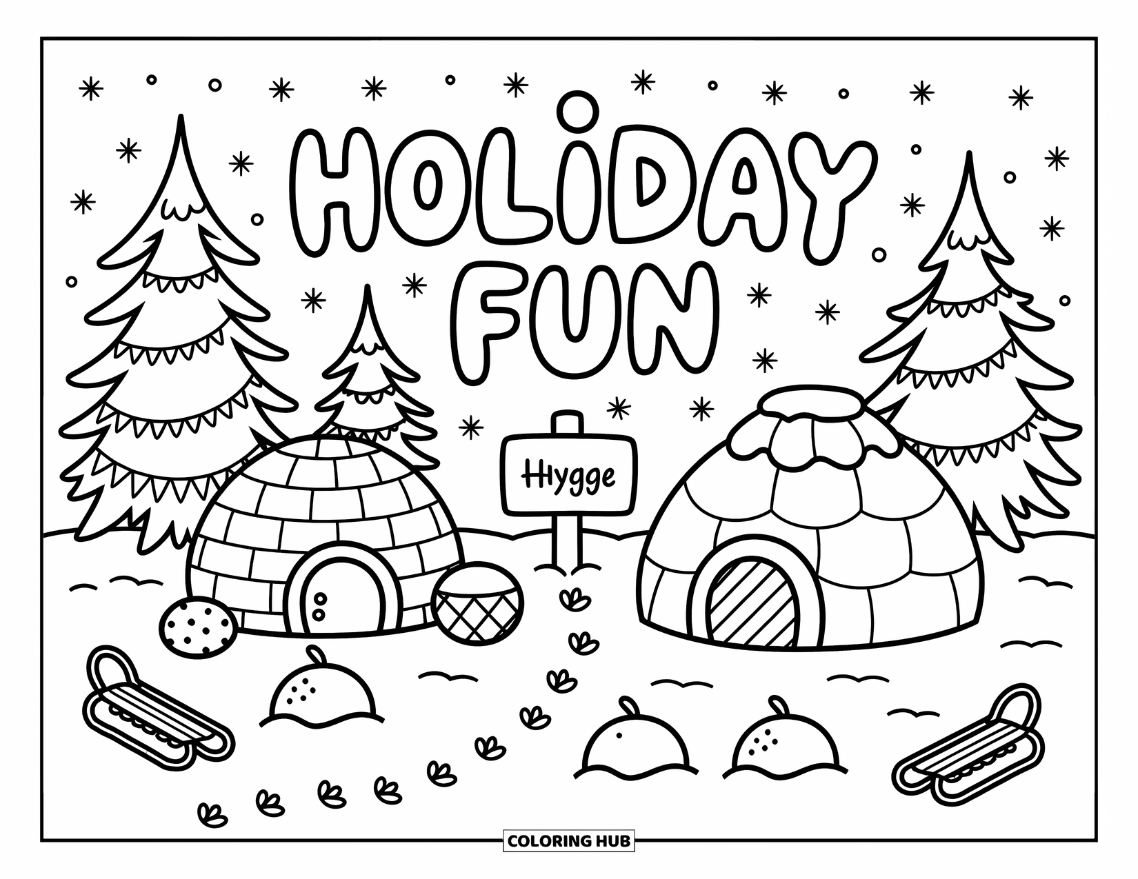 Happy Holidays Coloring Page for Adults: A winter scene with igloo, snow fort, and pine trees brings cozy cheer