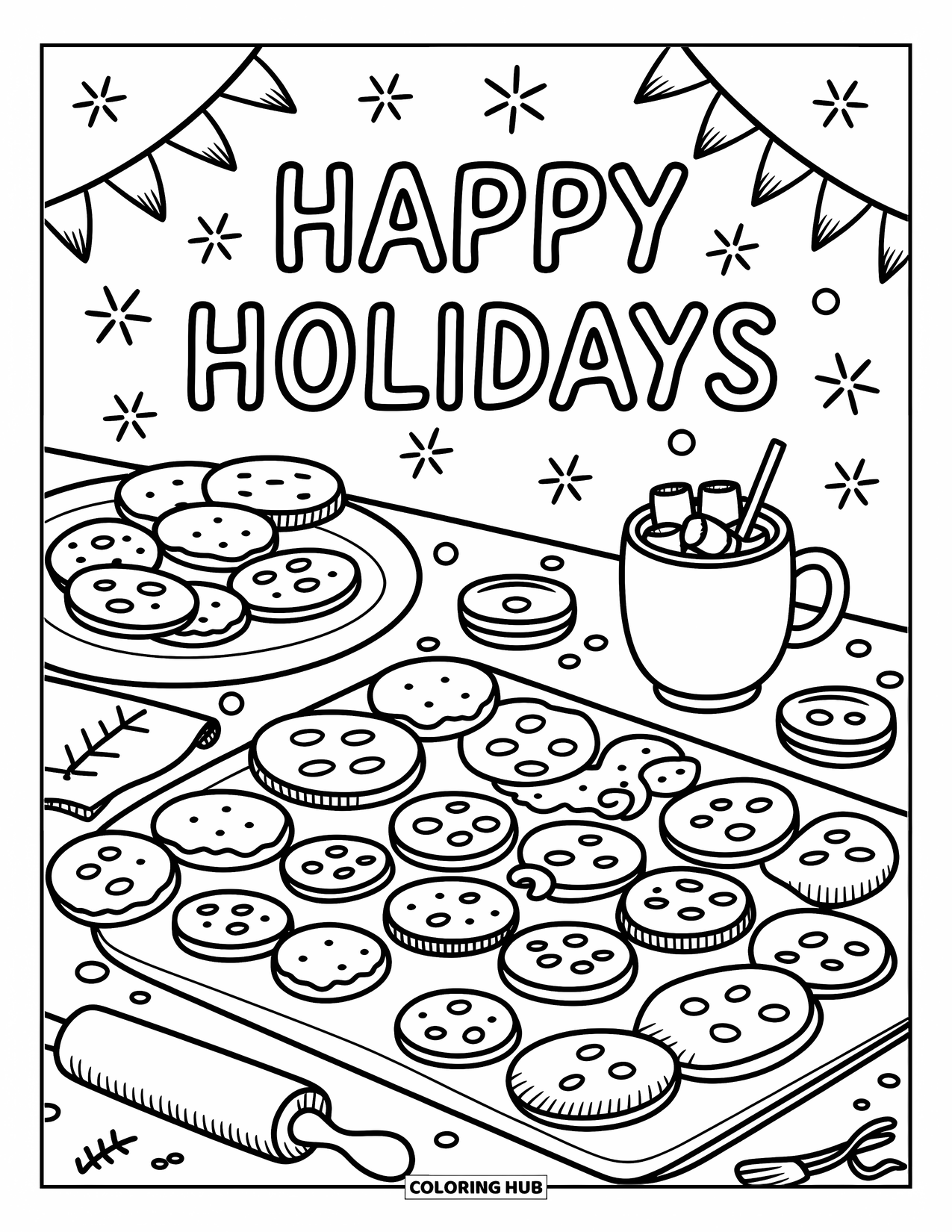 Happy Holidays Coloring Page for Adults: Baking scene with warm drinks and a festive holiday message