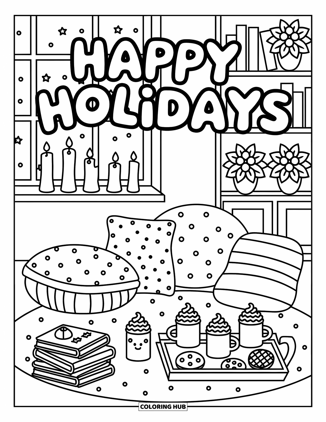 Happy Holidays Coloring Page for Adults: Blankets, cocoa, and books fill a peaceful night under a "happy holidays" sign