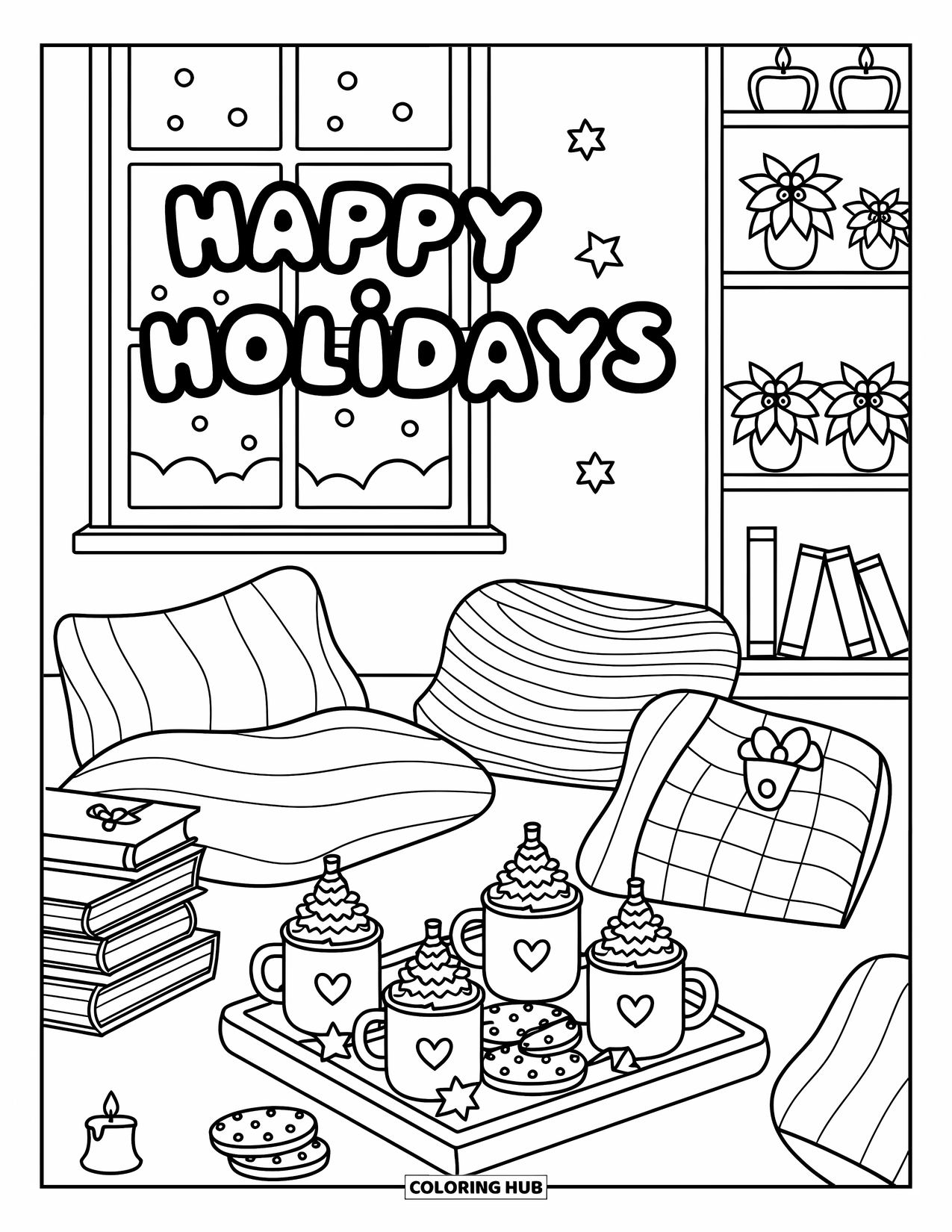 Happy Holidays Coloring Page for Adults: Cozy room scene with books, mugs, and a peaceful snowy view