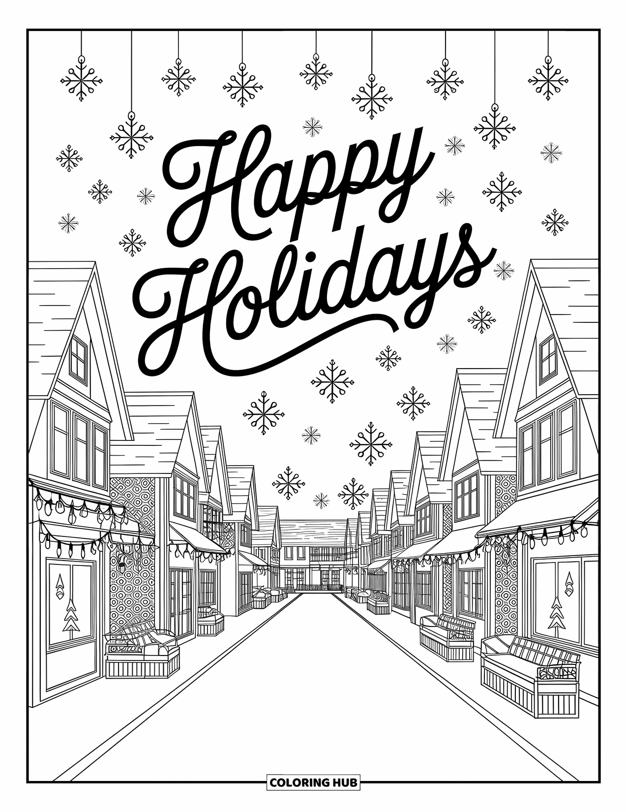 Happy Holidays Coloring Page for Adults: Detailed Christmas street with lights and outlined holiday greeting