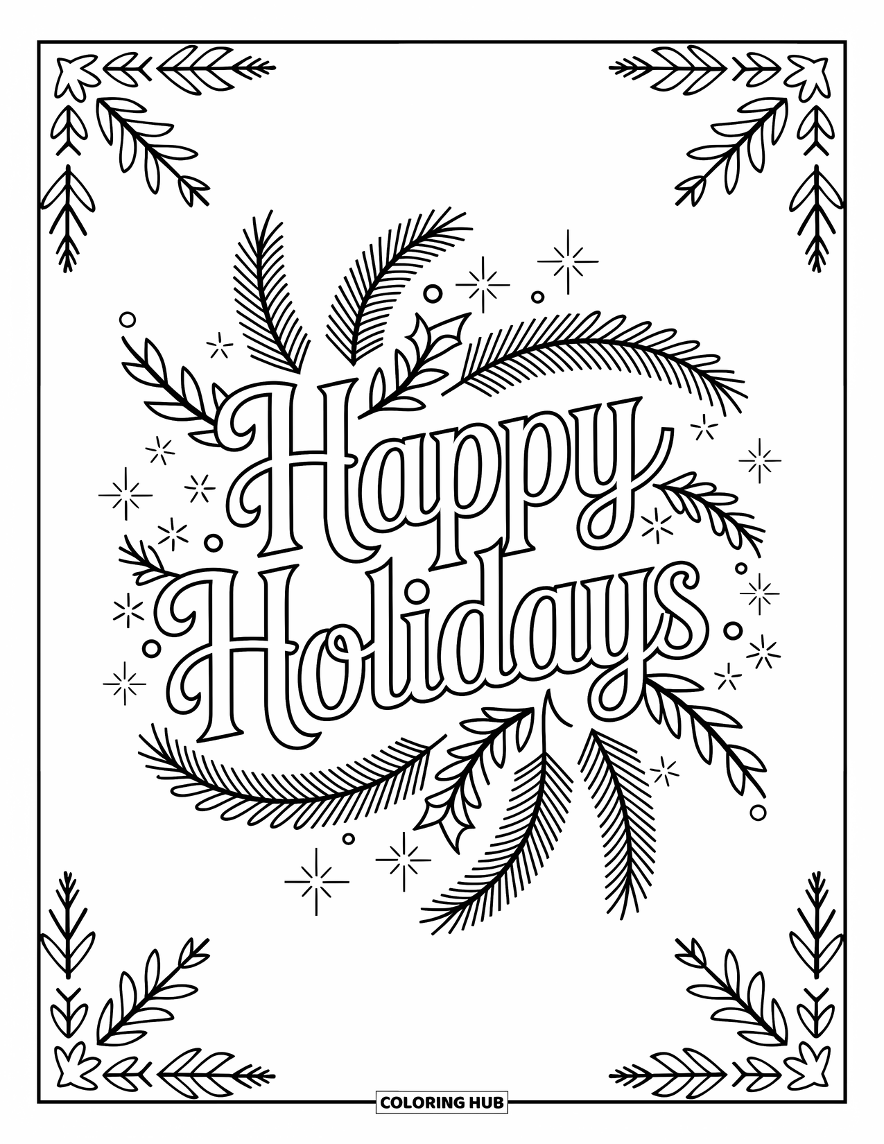 Happy Holidays Coloring Page for Adults: Elegant mandala greeting surrounded by festive branches and detailed borders