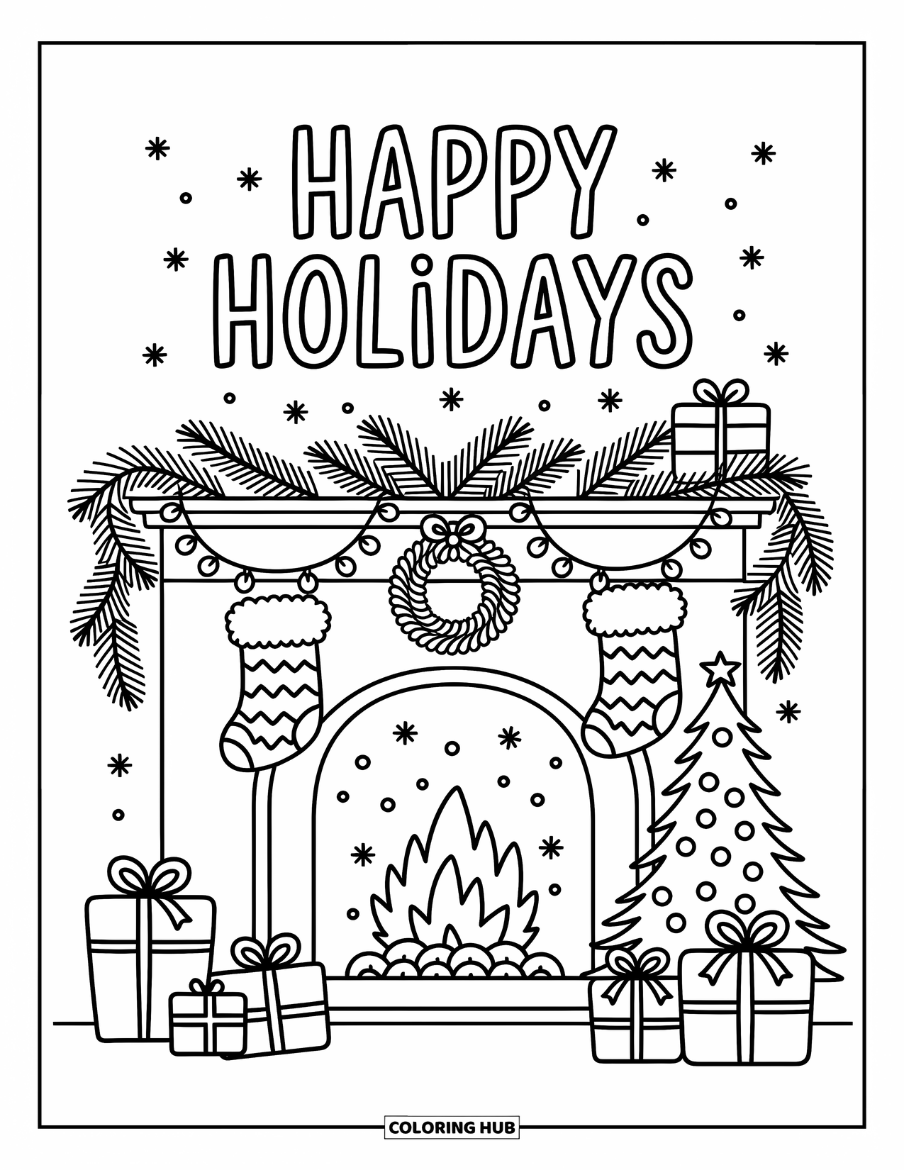 Happy Holidays Coloring Page for Adults: Fireplace with stockings, gifts, and a tree under "Happy Holidays"