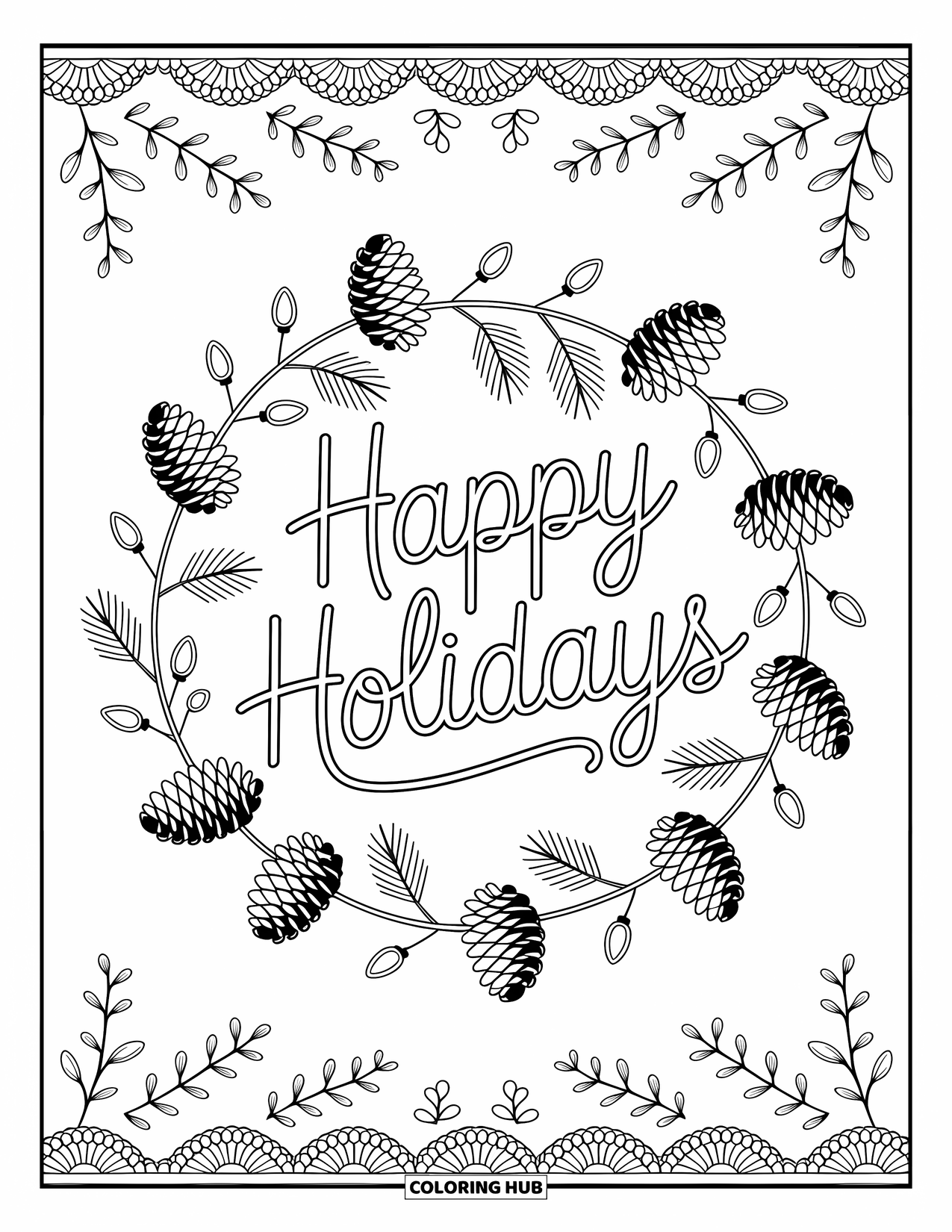 Happy Holidays Coloring Page for Adults: Holiday garland with mistletoe and lights frames a playful greeting