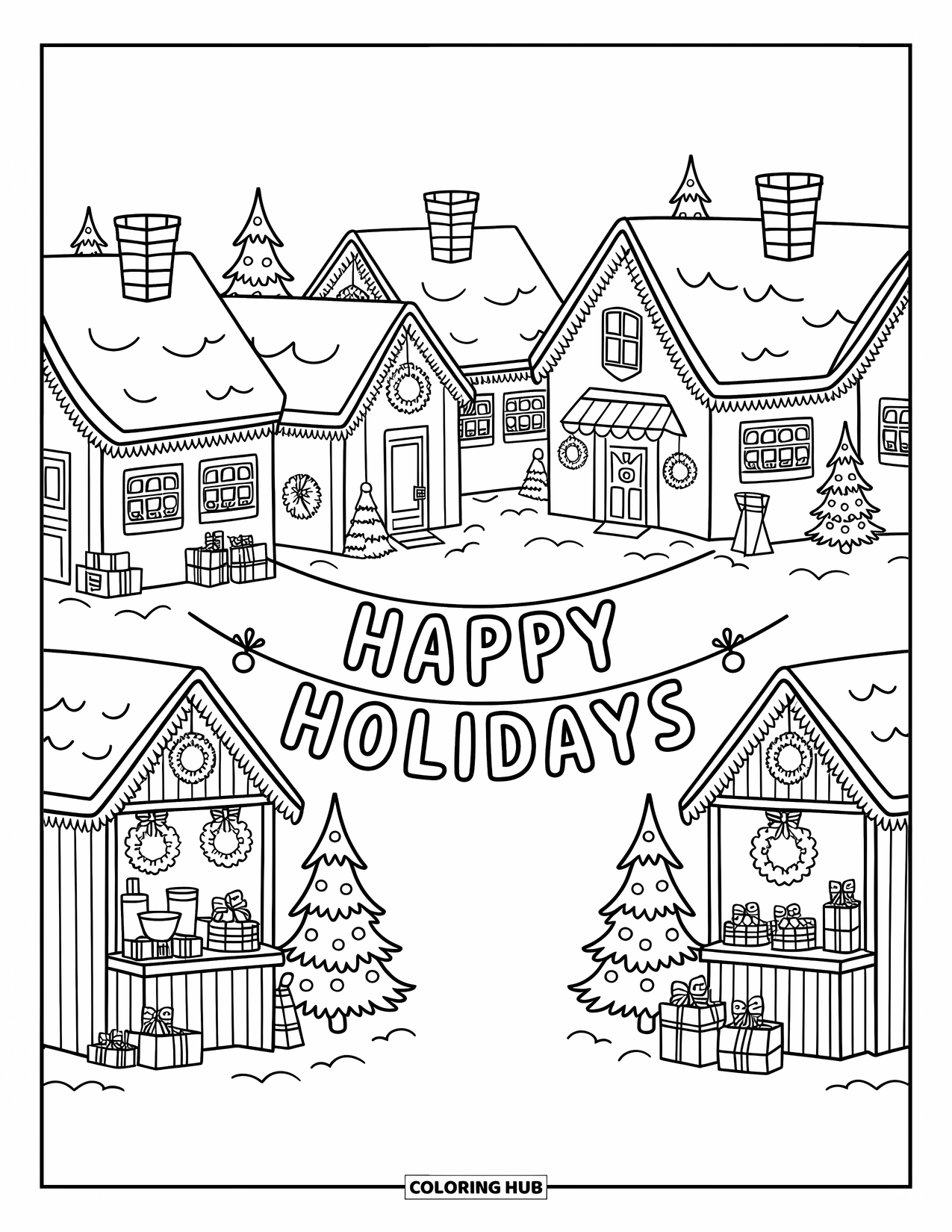 Happy Holidays Coloring Page for Adults: Holiday market with cocoa, crafts, and cheerful village charm