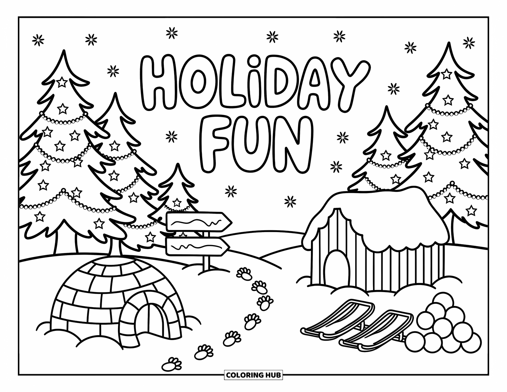 Happy Holidays Coloring Page for Adults: Igloo and snow fort surrounded by playful details and a festive wooden sign