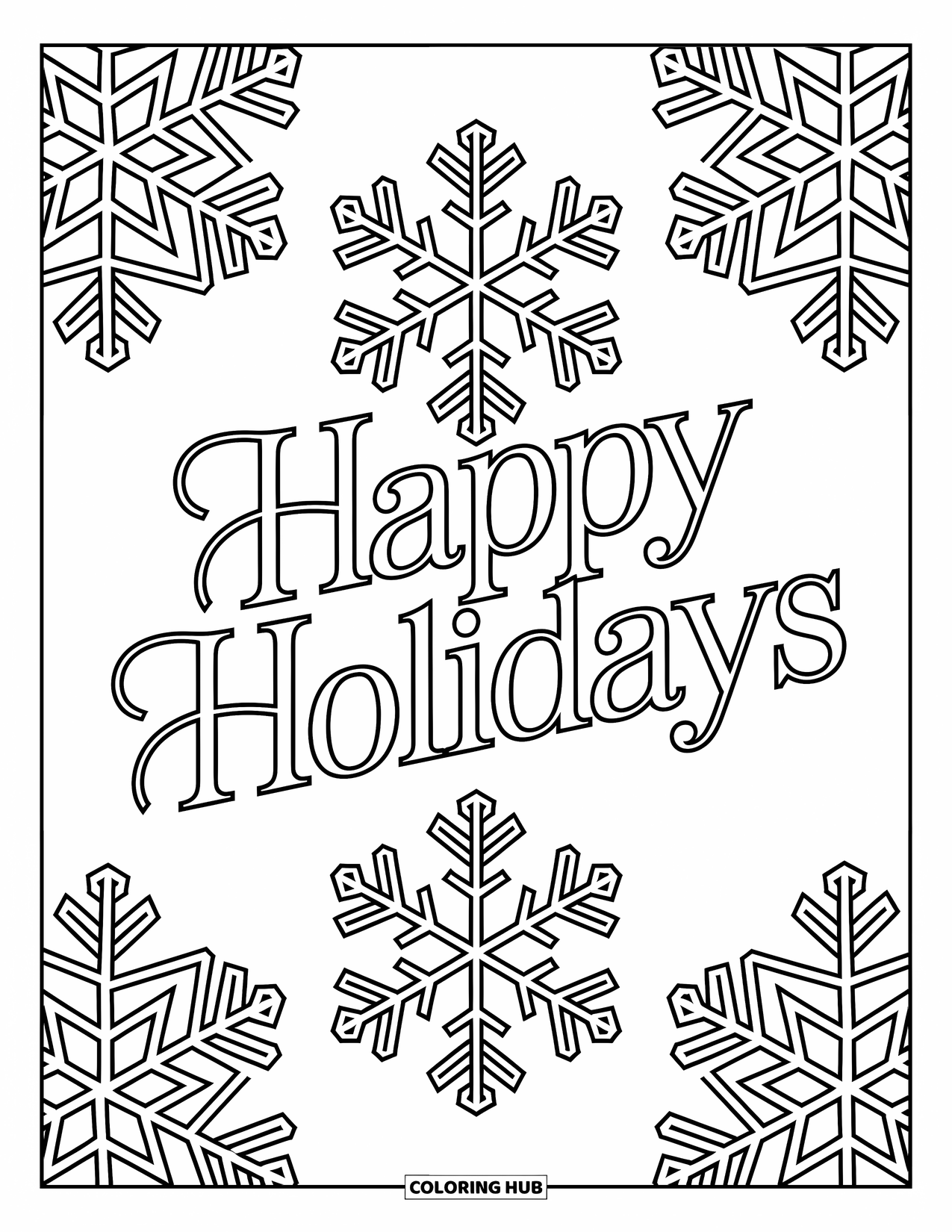 Happy Holidays Coloring Page for Adults: Intricate snowflakes surround holiday text in a relaxing, bold-lined layout
