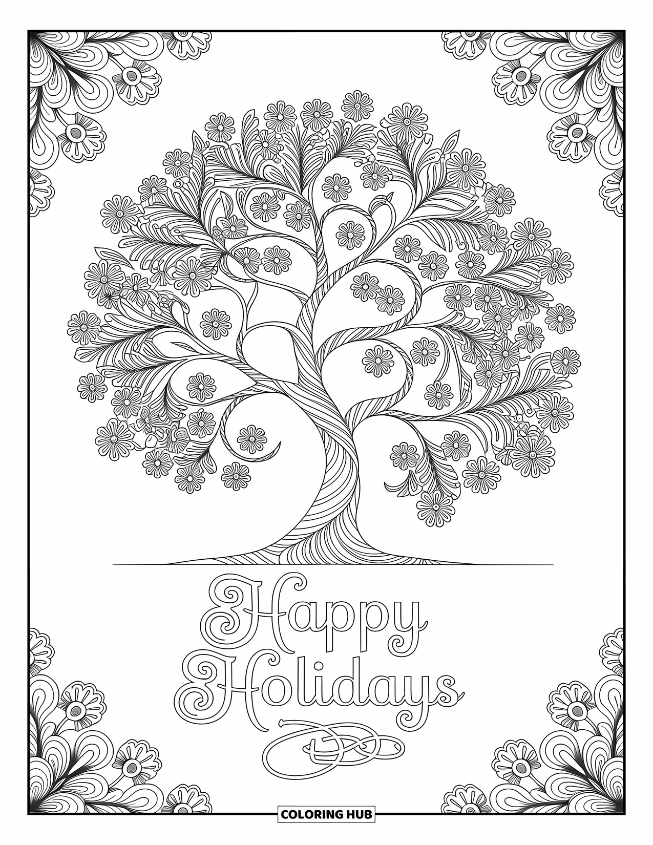 Happy Holidays Coloring Page for Adults: Patterned floral tree with swirling branches and a festive message below