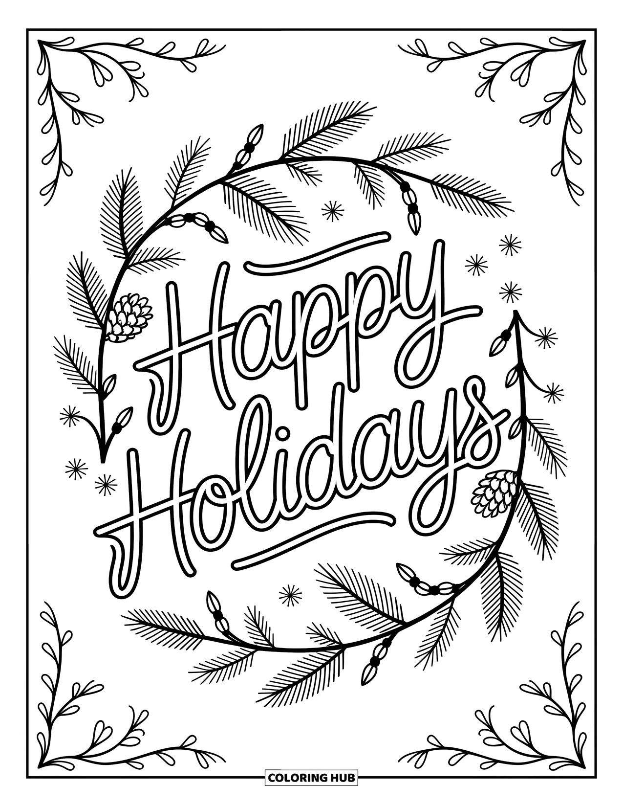 Happy Holidays Coloring Page for Adults: Pine garland with lights and bold "Happy Holidays" in hand-drawn style