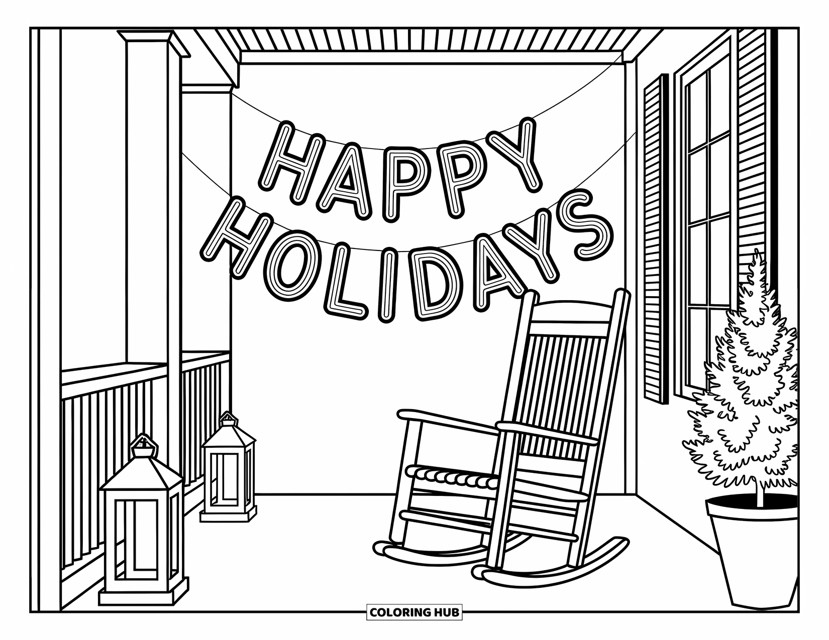 Happy Holidays Coloring Page for Adults: Porch with patterns, lantern, and a festive holiday greeting for quiet creativity