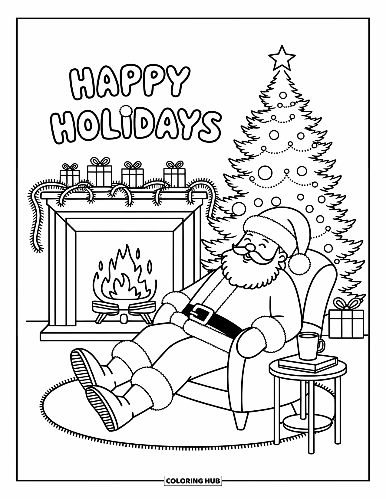Happy Holidays Coloring Page for Adults: Relaxing Santa scene with tree, gifts, and cozy fireplace vibes