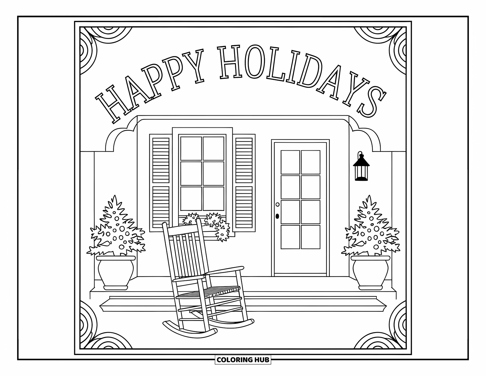 Happy Holidays Coloring Page for Adults: Rocking chair and lantern sit on a festive porch with a holiday banner