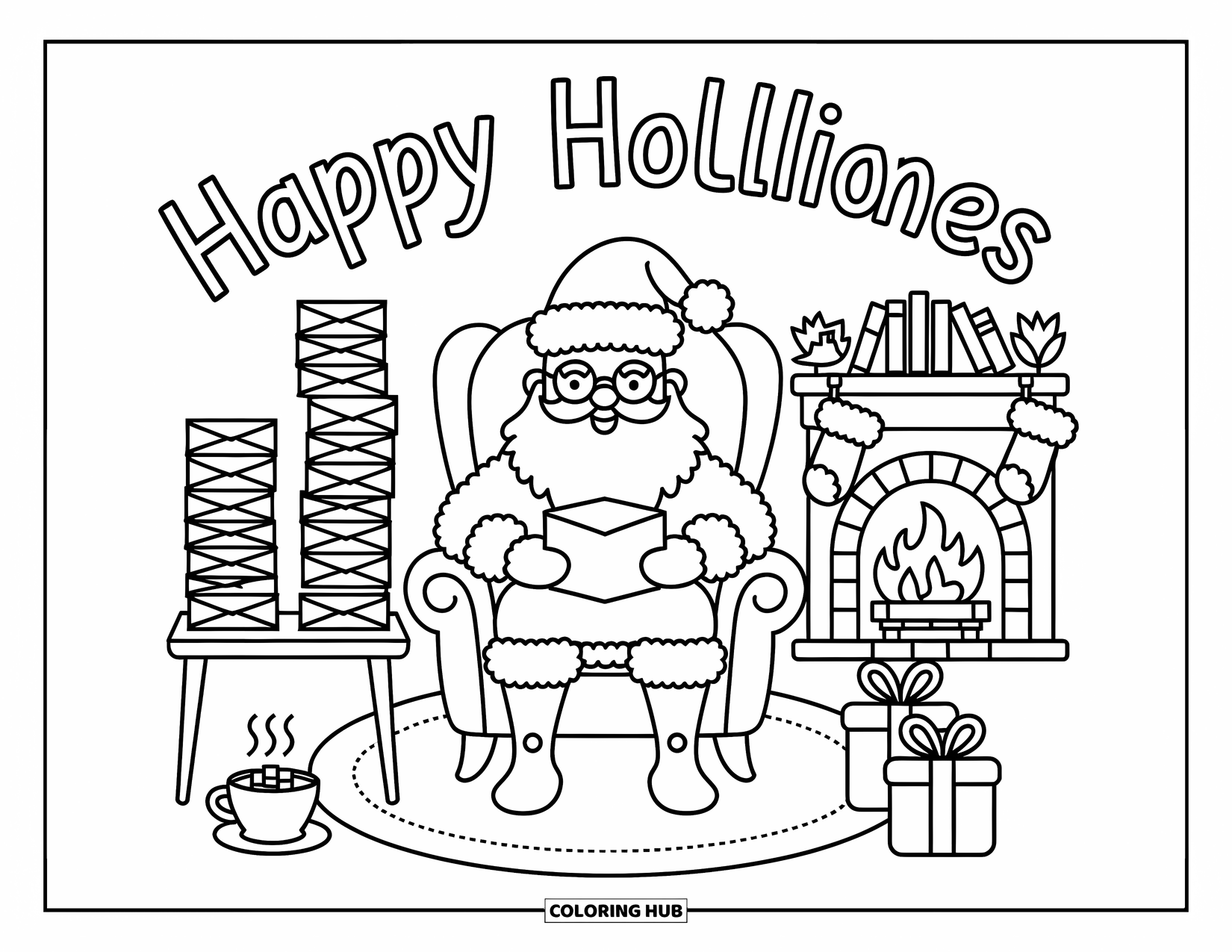 Happy Holidays Coloring Page for Adults: Santa's cozy corner features letters, cocoa, fireplace, and holiday cheer