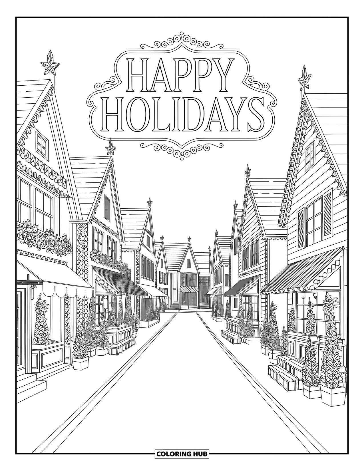 Happy Holidays Coloring Page for Adults: Shops line a snowy street beneath a twinkling "Happy Holidays" sky