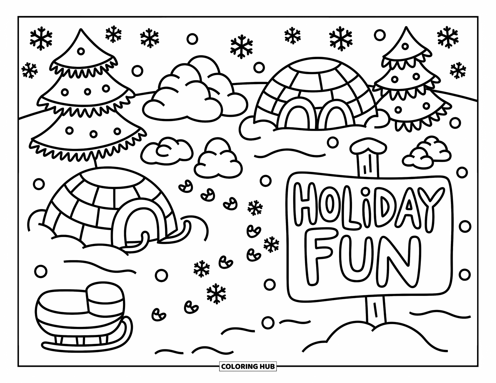 Happy Holidays Coloring Page for Adults: Sleds, snowballs, and an igloo sit under a "Holiday Fun" sign