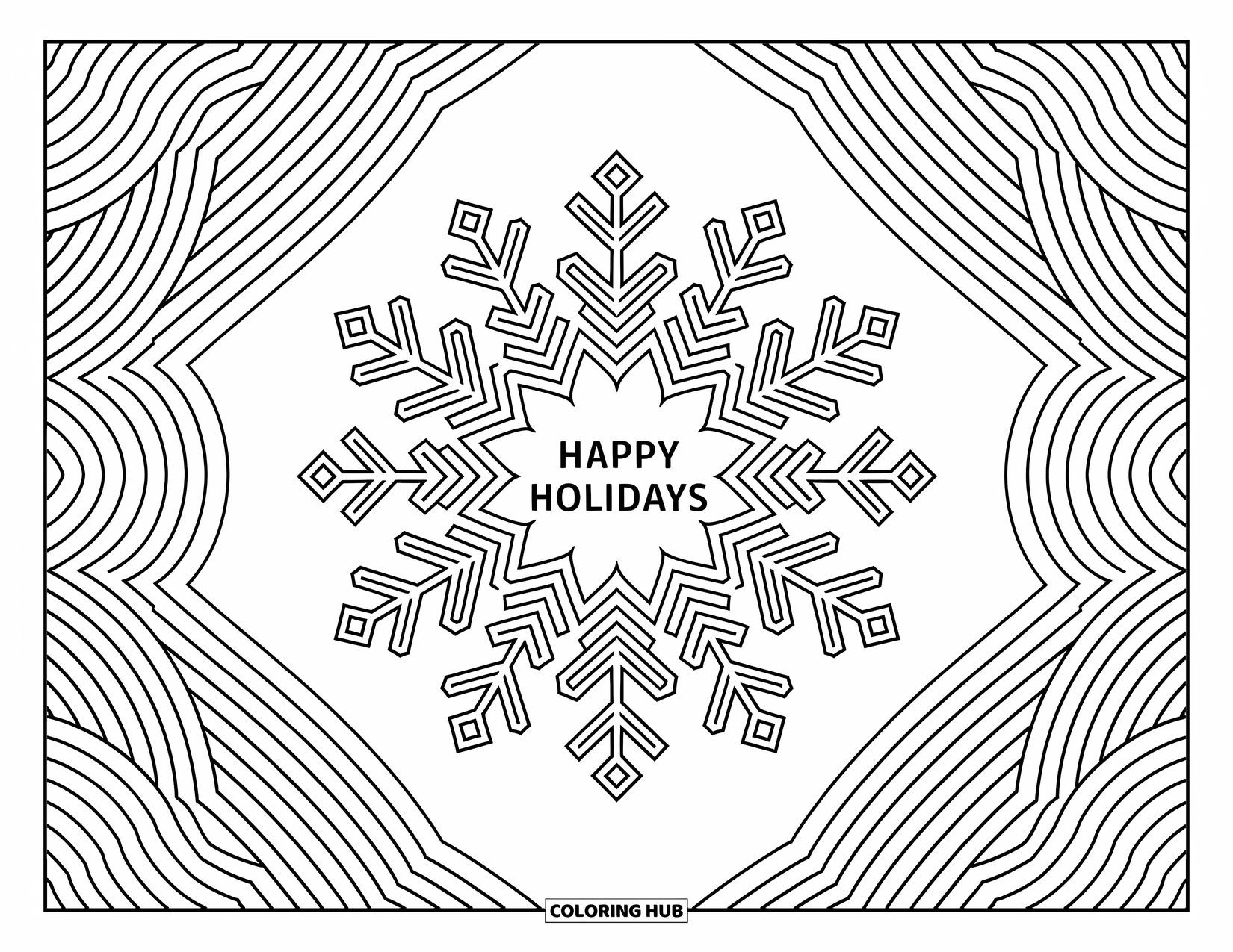 Happy Holidays Coloring Page for Adults: Snowflake mandala design radiates around "Happy Holidays" in the center