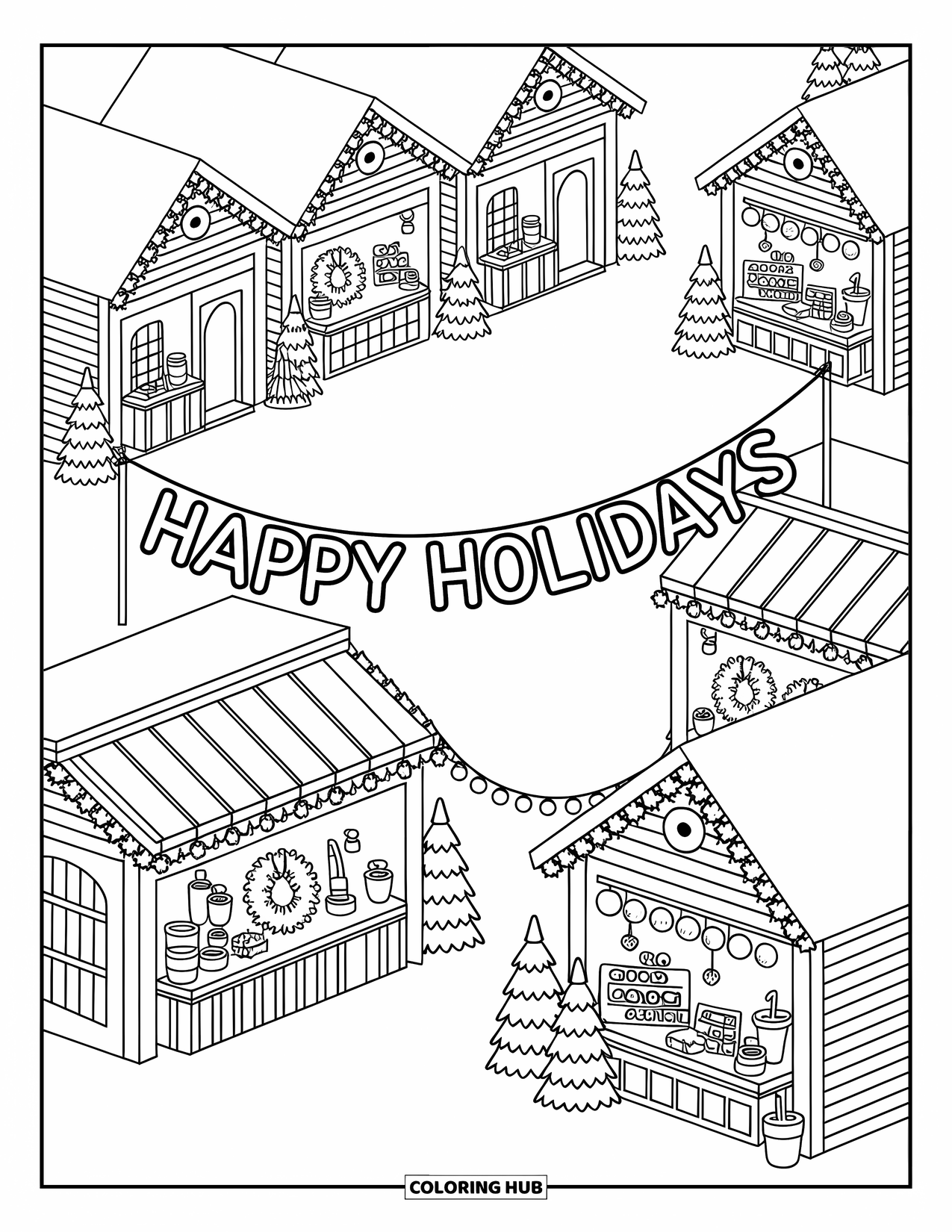 Happy Holidays Coloring Page for Adults: Snowy village square with market stalls and a festive banner