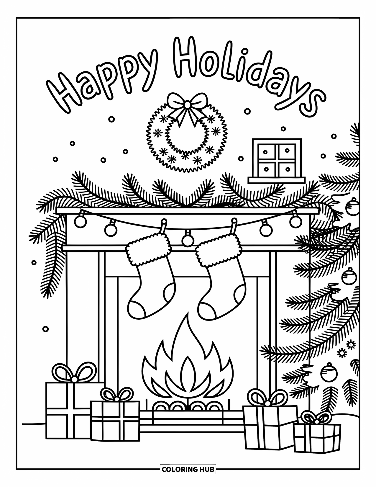 Happy Holidays Coloring Page for Adults: Stockings, garlands, and a glowing tree brighten this festive fireplace scene