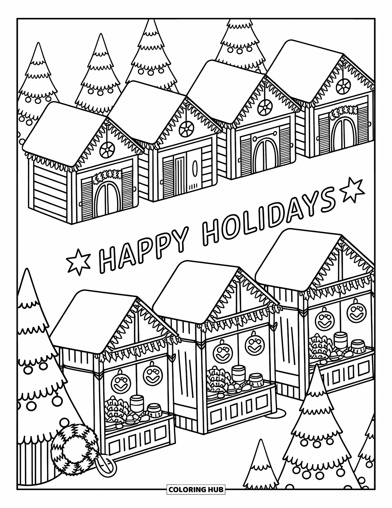 Happy Holidays Coloring Page for Adults: Village scene with wreaths, hot cocoa, and "Happy Holidays" banner