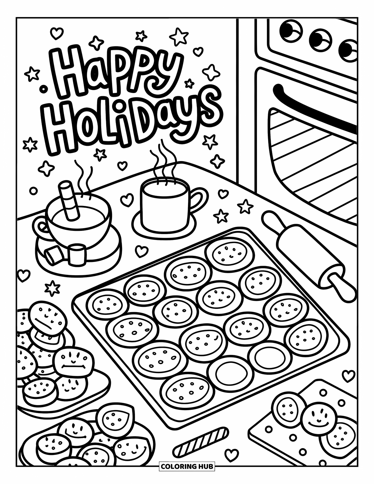 Happy Holidays Coloring Page for Adults: Whipped drinks and cookies sit under a playful holiday greeting