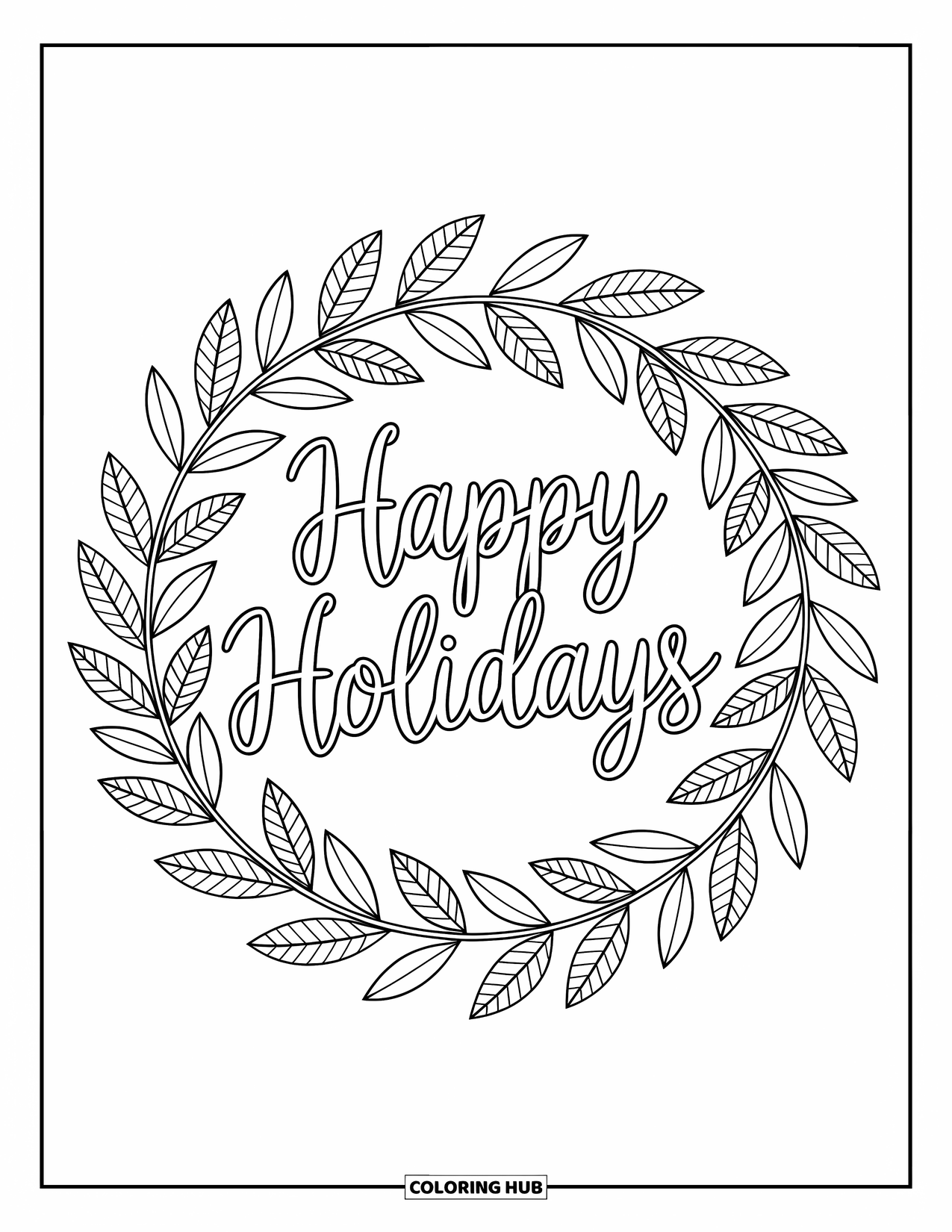 Happy Holidays Coloring Page for Adults: Wreath of leaves and ribbons circles "Happy Holidays" in elegant outlines