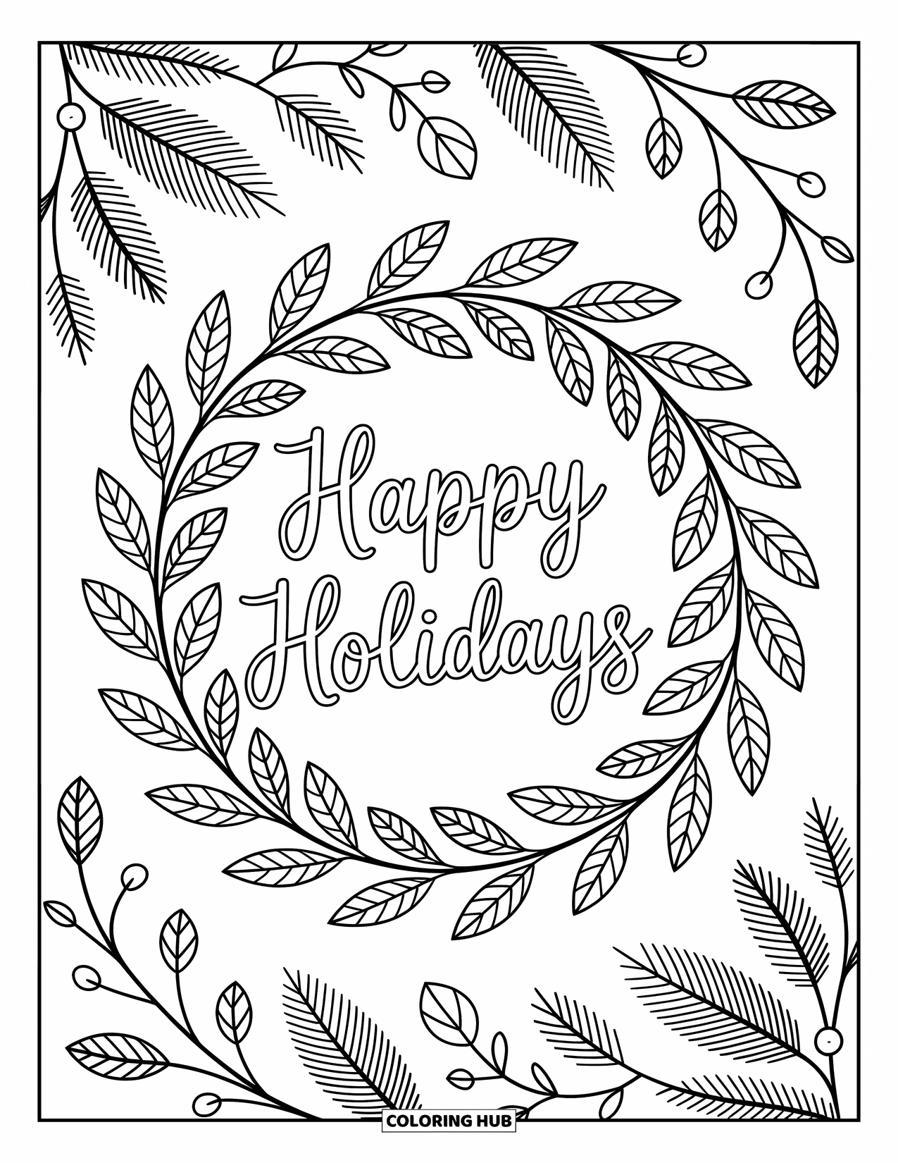 Happy Holidays Coloring Page for Adults: Wreath with swirls and berries surrounds bold holiday typography