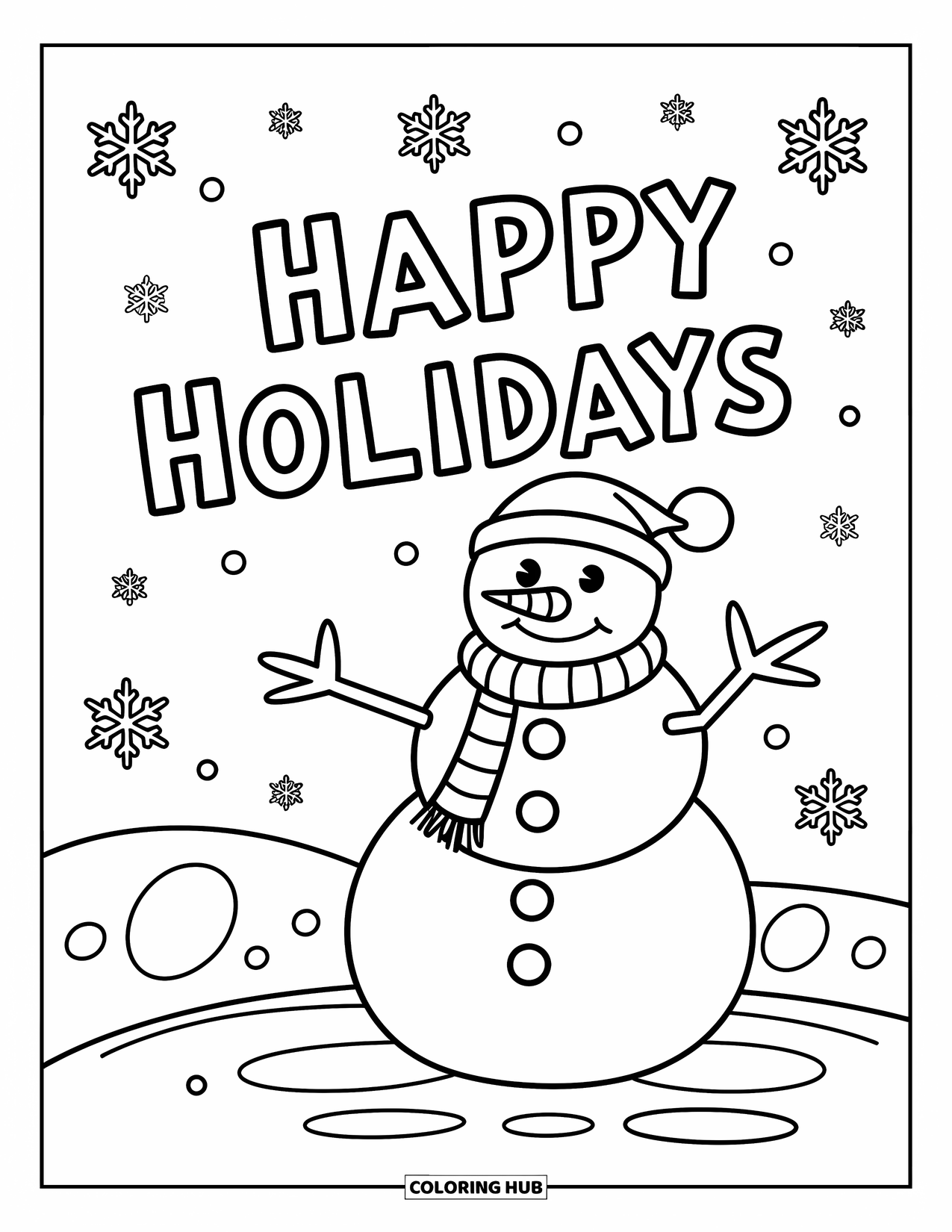 Happy Holidays Coloring Page for Kids: Big snowman and falling snow with playful "Happy Holidays" script