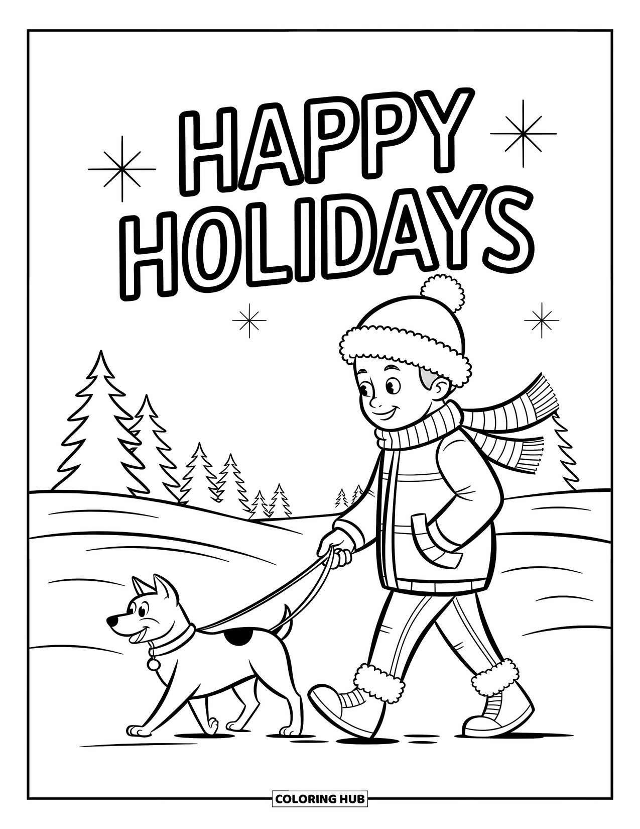 Happy Holidays Coloring Page for Kids: Boy and dog stroll through snow with a cozy holiday feel