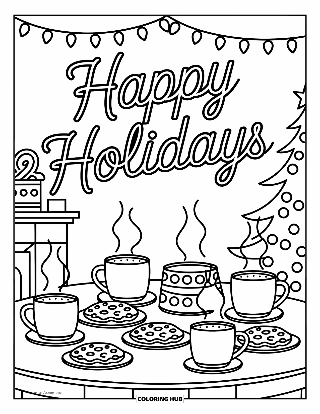 Happy Holidays Coloring Page for Kids: Cookies and mugs bring warmth to a festive scene