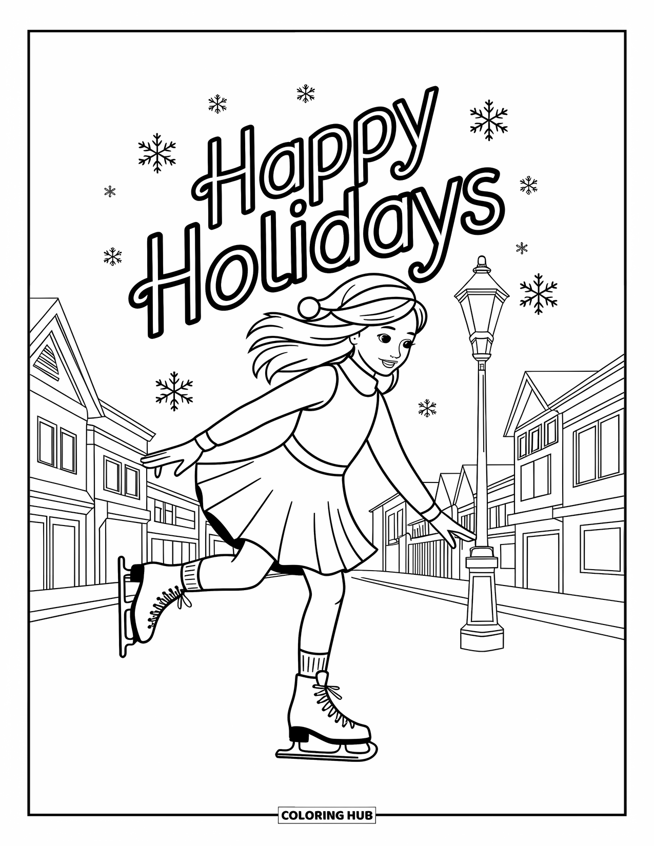 Happy Holidays Coloring Page for Kids: Graceful skater and snowy town fill this joyful holiday scene