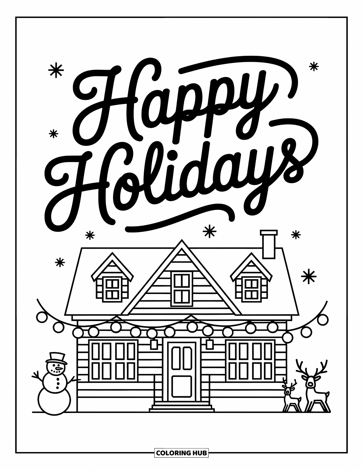 Happy Holidays Coloring Page for Kids: House with string lights and cheerful holiday message above