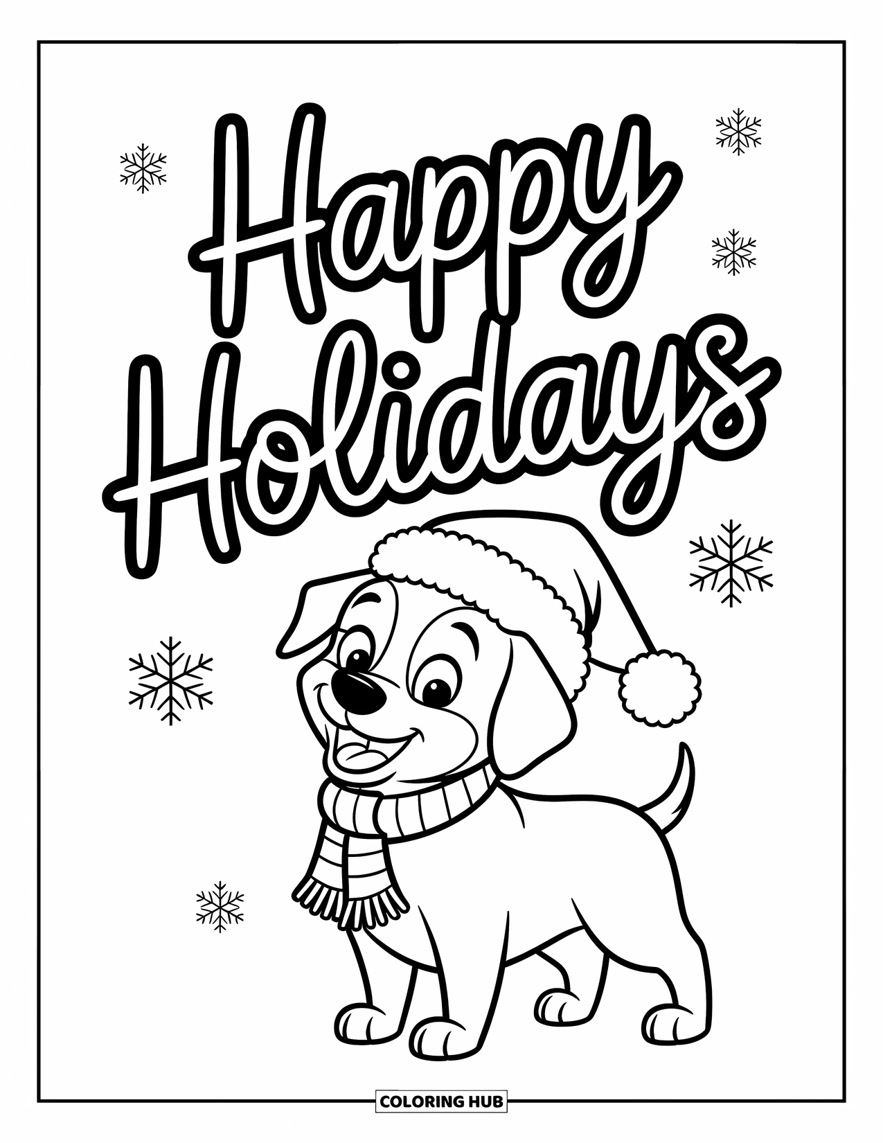 Happy Holidays Coloring Page for Kids: Joyful dog in a Santa hat beside a festive message
