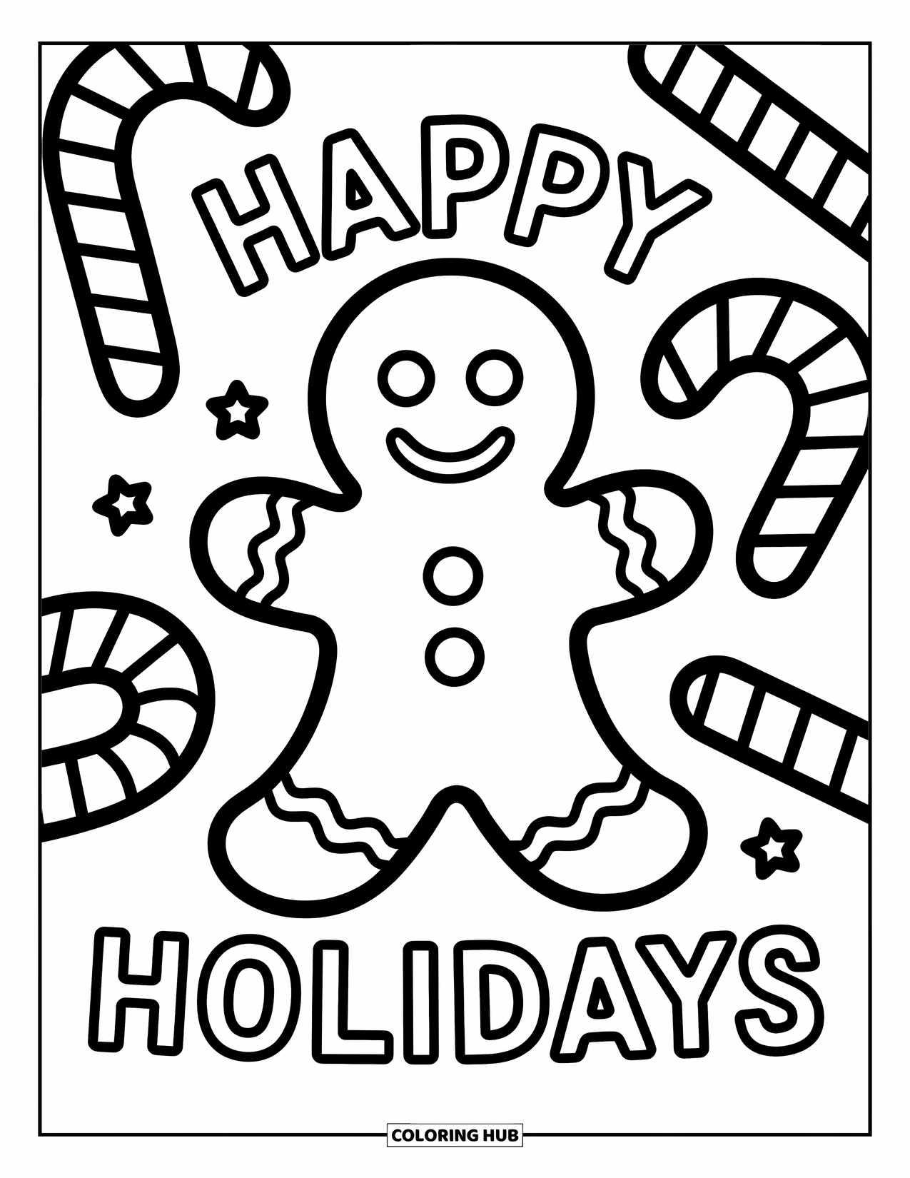 Happy Holidays Coloring Page for Kids: Joyful gingerbread man with sweet treats and a festive greeting