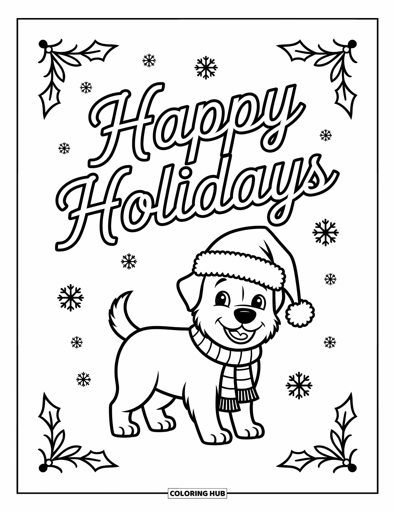 Happy Holidays Coloring Page for Kids: Puppy with scarf and snowflakes adds holiday warmth