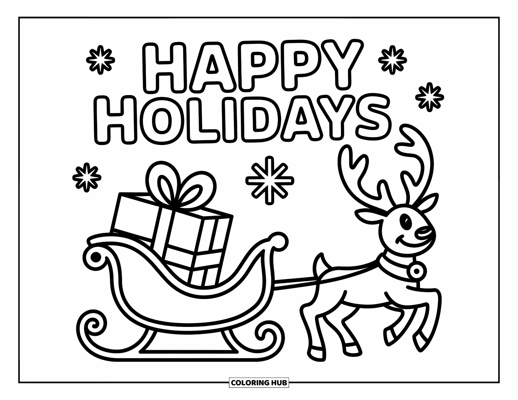 Happy Holidays Coloring Page for Kids: Reindeer pulls sleigh with big gift and cheerful greeting
