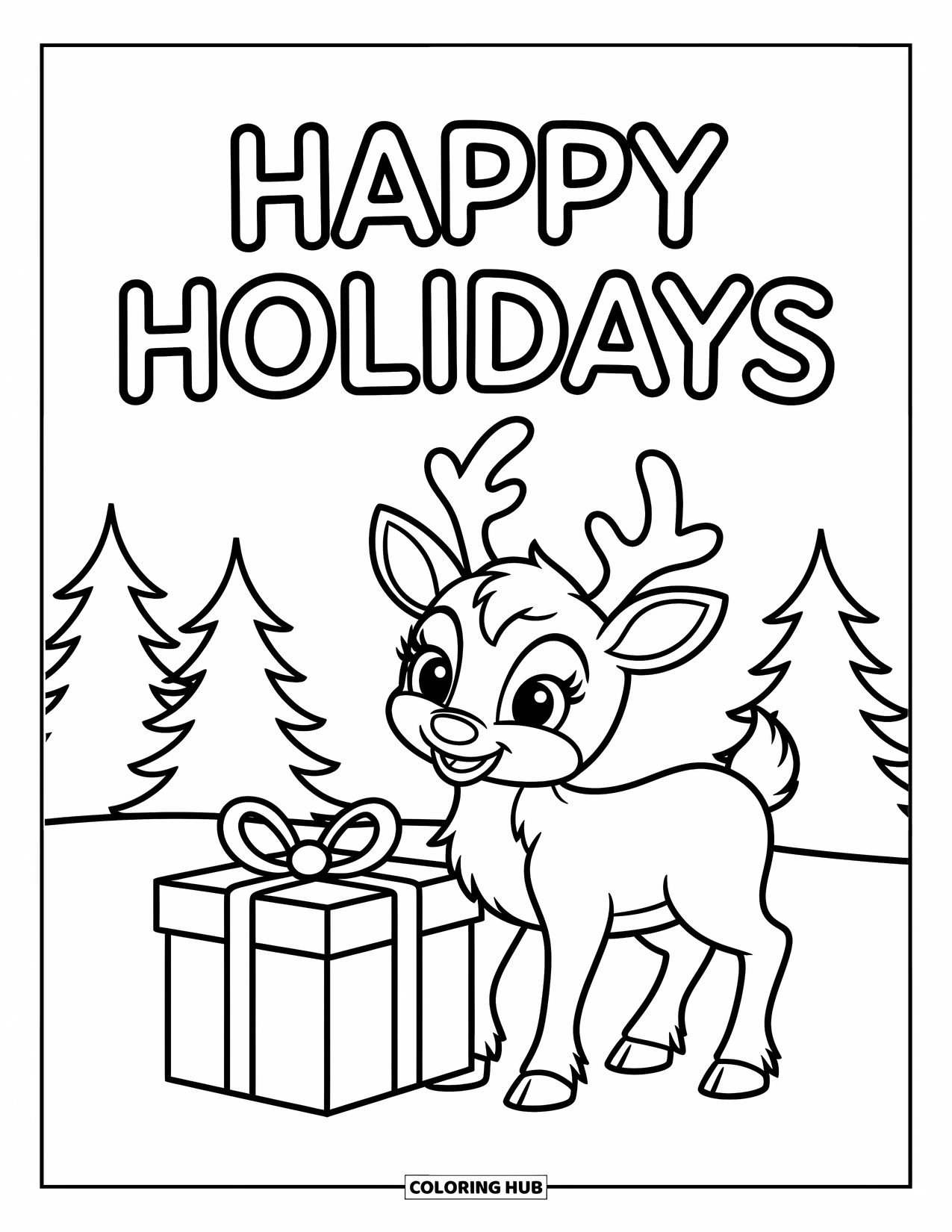 Happy Holidays Coloring Page for Kids: Reindeer with big eyes stands beside a gift in a snowy scene